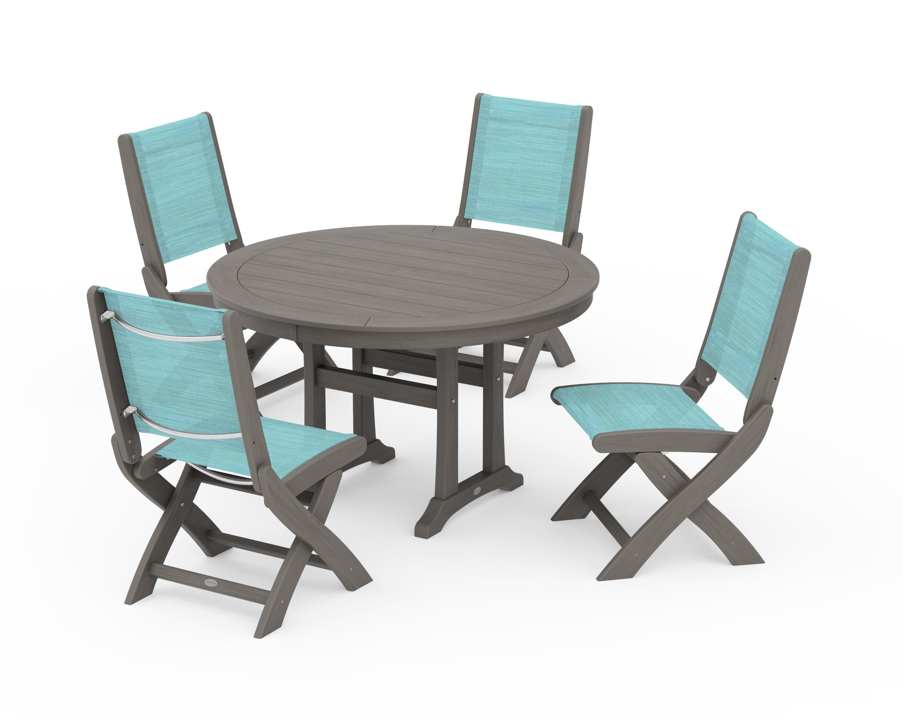 POLYWOOD Coastal Folding Side Chair 5-Piece Round Dining Set With Trestle Legs in Driftwood / Dupioni Aquamarine Sling