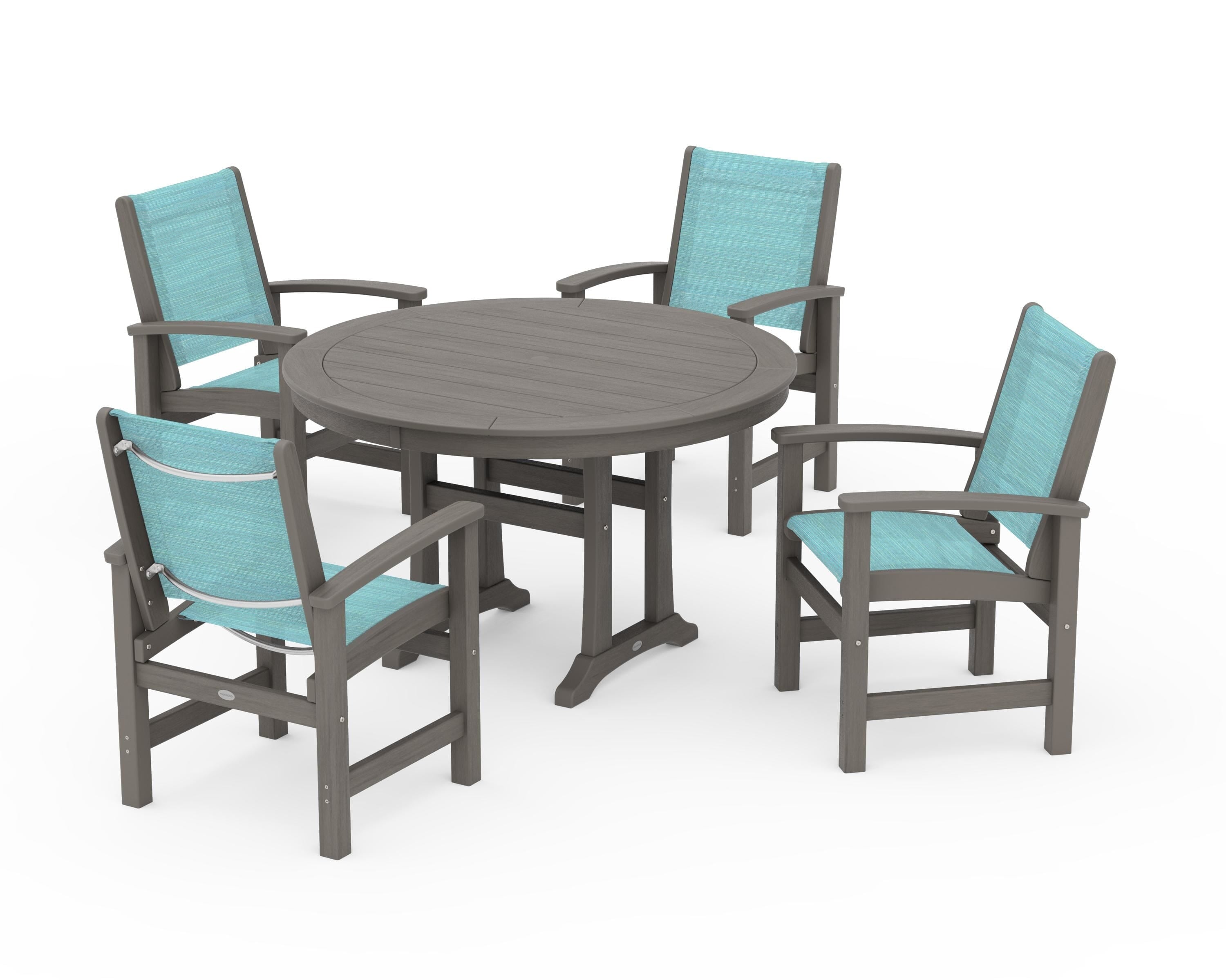 POLYWOOD Coastal 5-Piece Round Dining Set with Trestle Legs in Driftwood / Dupioni Aquamarine Sling