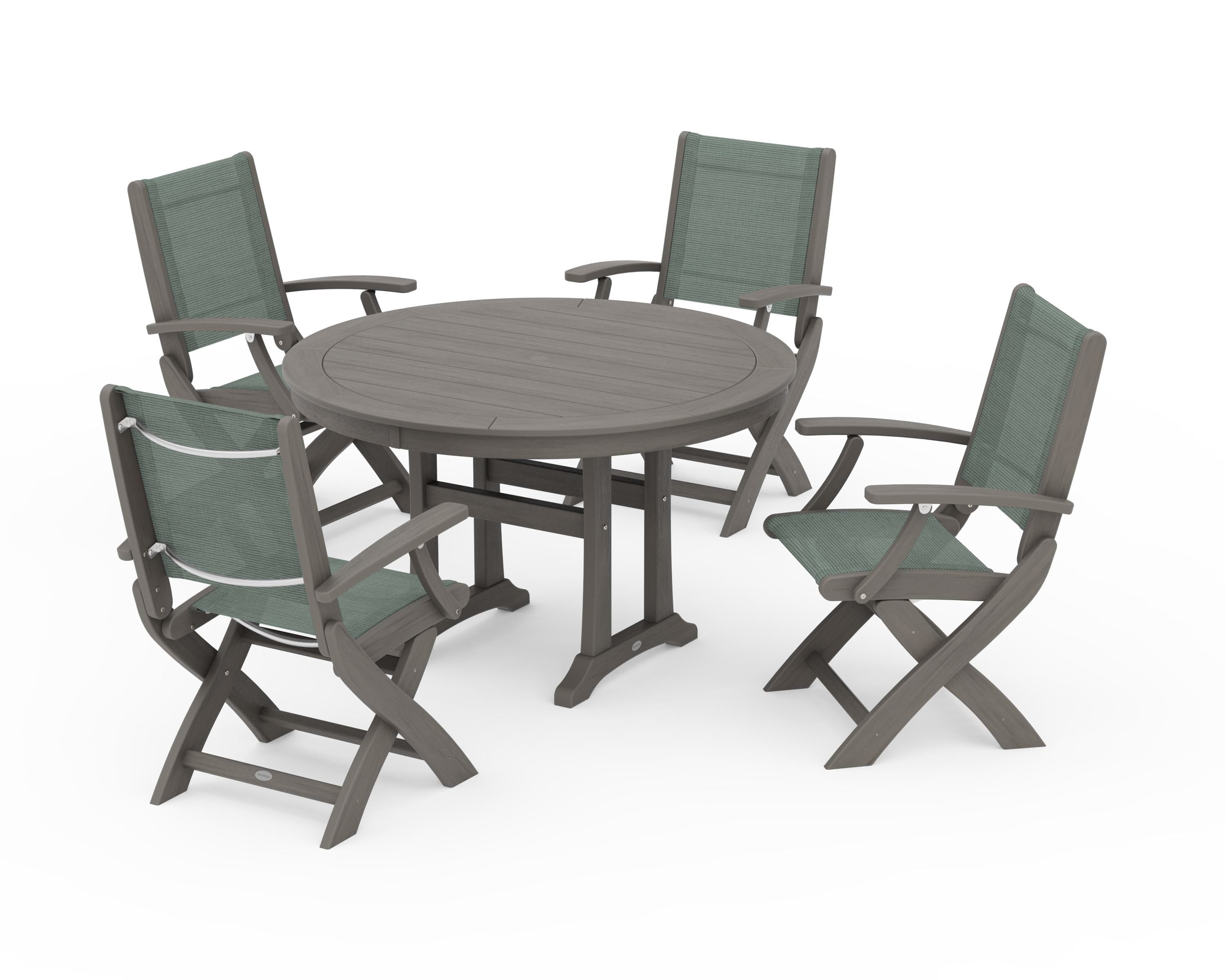 POLYWOOD Coastal Folding Chair 5-Piece Round Dining Set with Trestle Legs in Driftwood / Dupioni Sea Mist Sling