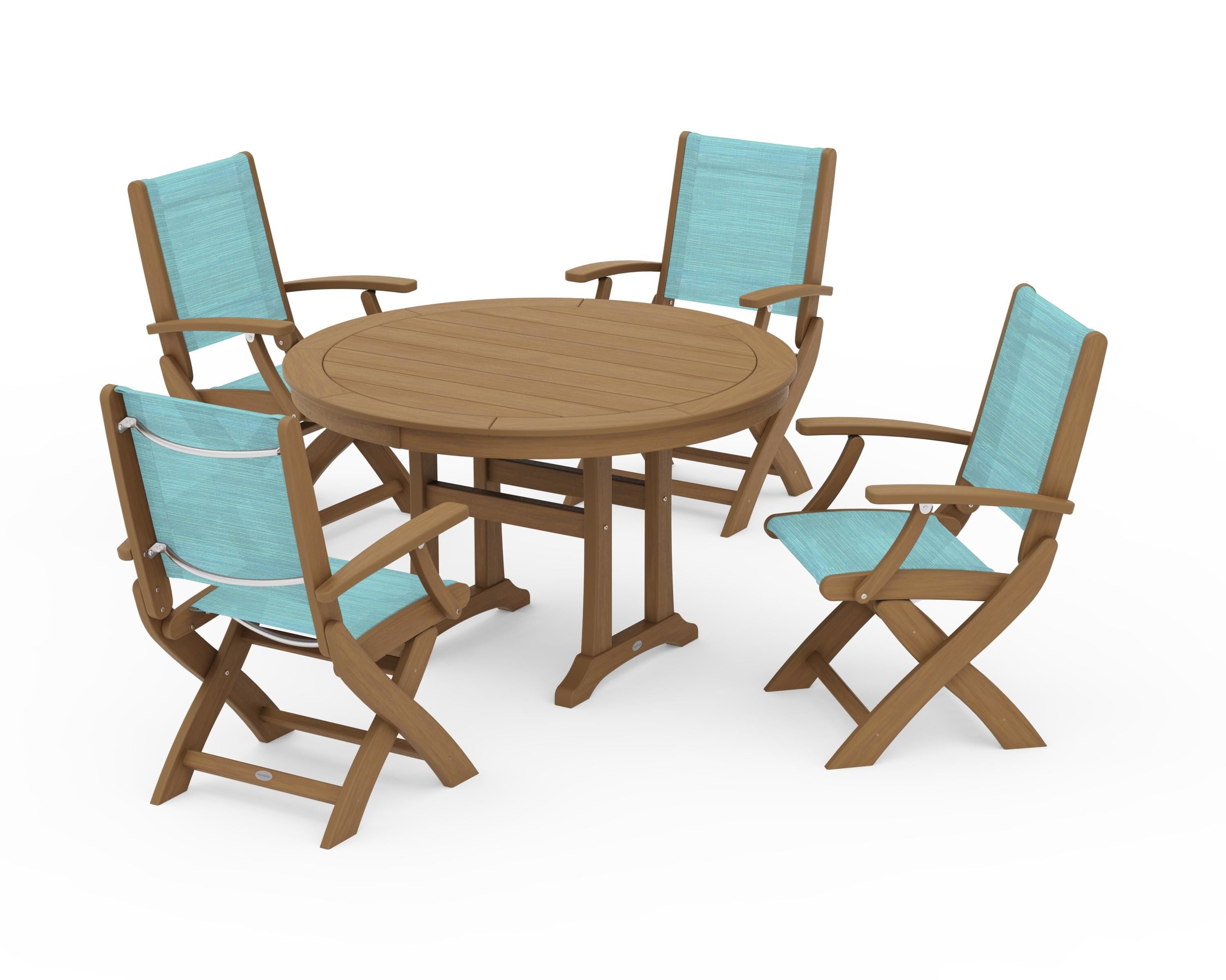 POLYWOOD Coastal Folding Chair 5-Piece Round Dining Set with Trestle Legs in Natural / Dupioni Aquamarine Sling