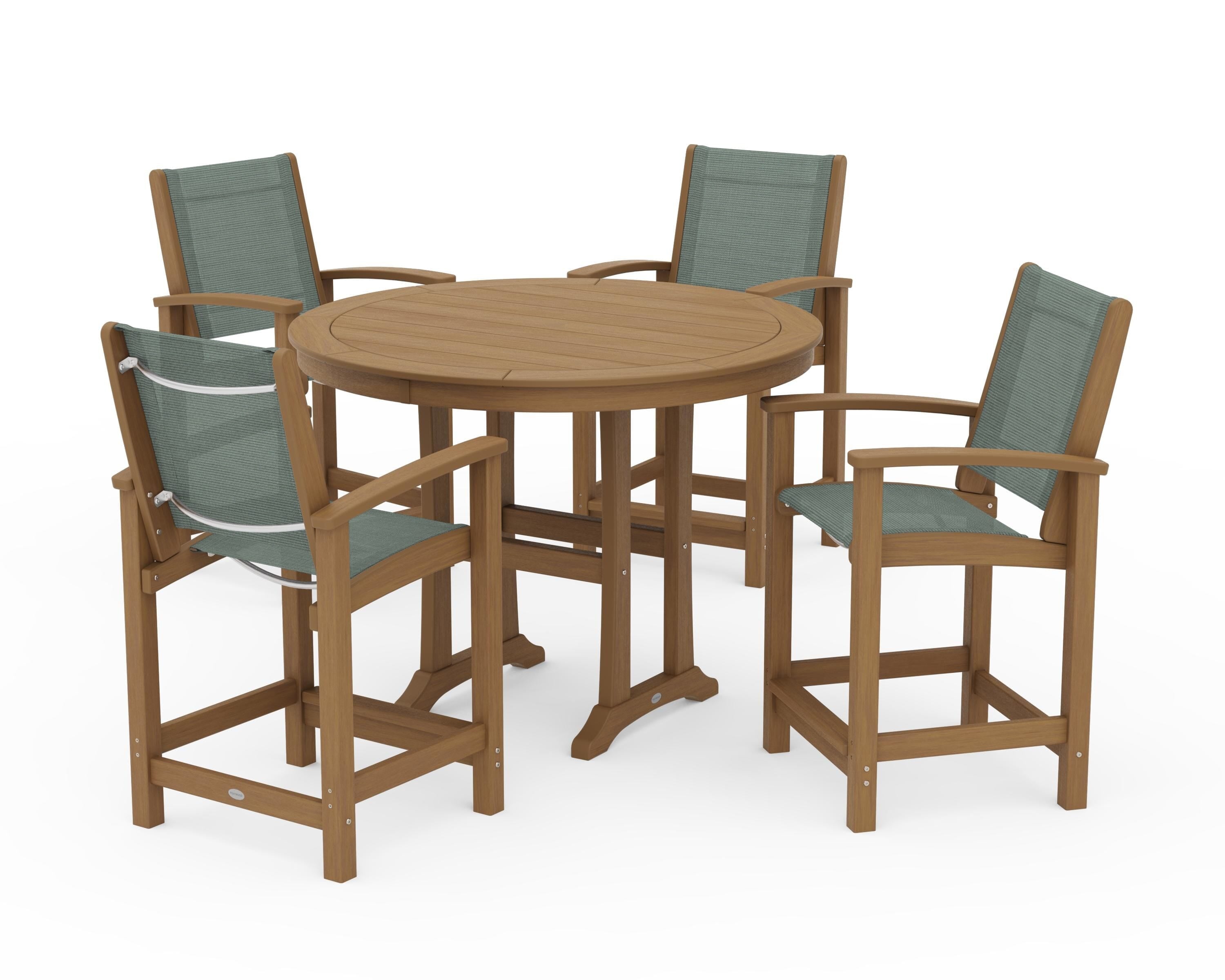POLYWOOD Coastal 5-Piece Counter Set in Natural / Dupioni Sea Mist Sling