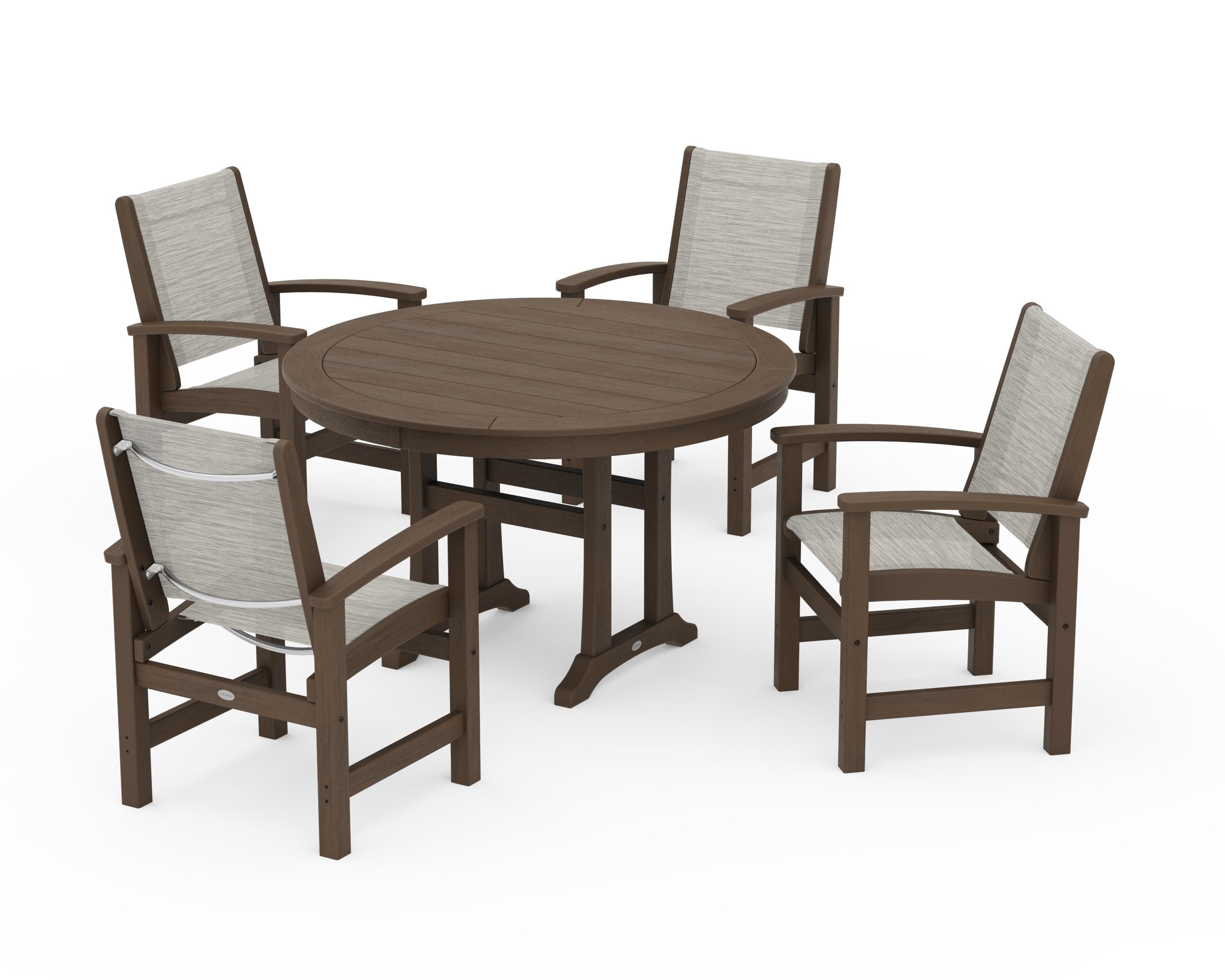POLYWOOD Coastal 5-Piece Round Dining Set with Trestle Legs in Kona / Birch Sling