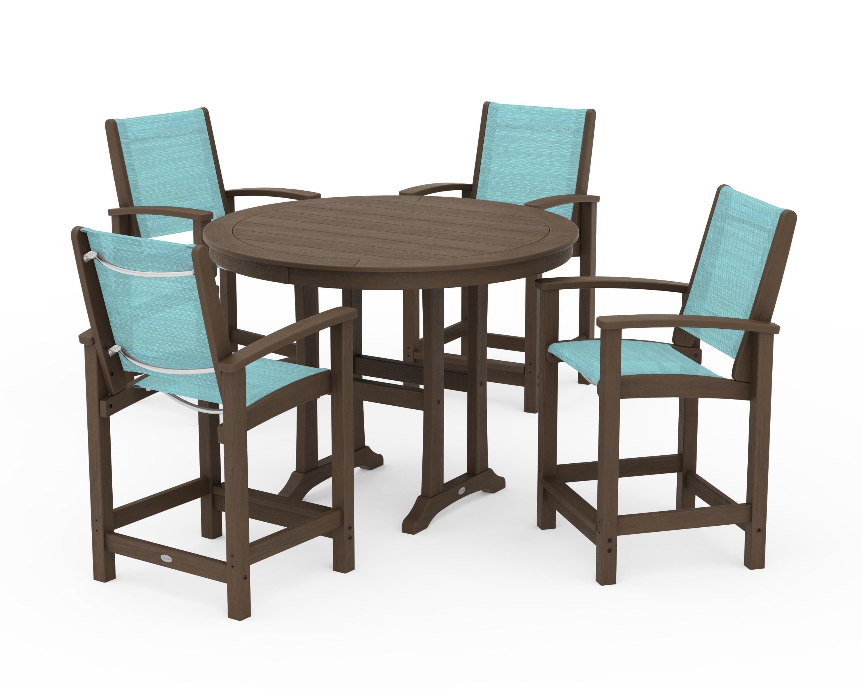 POLYWOOD Coastal 5-Piece Counter Set in Kona / Dupioni Aquamarine Sling