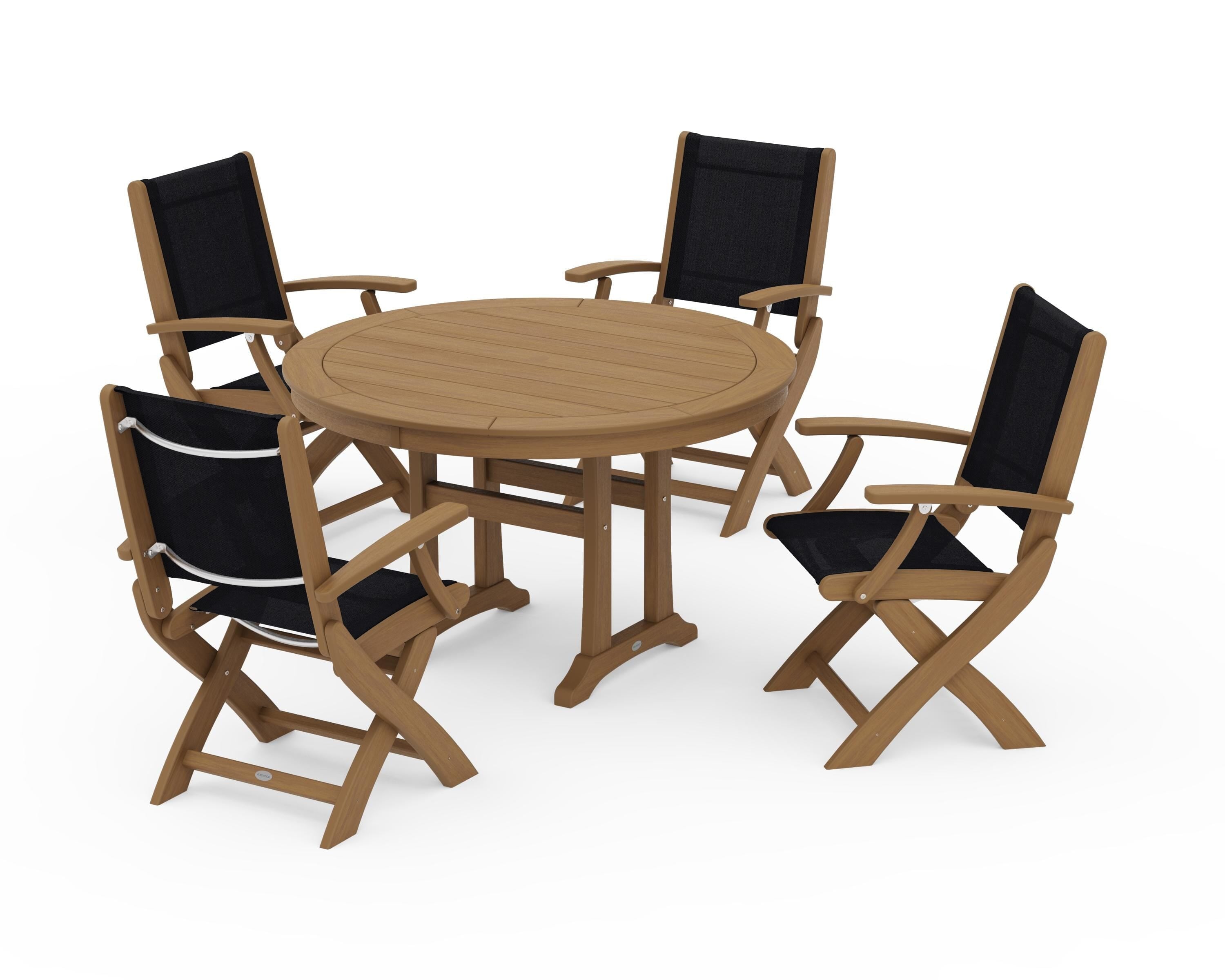 POLYWOOD Coastal Folding Chair 5-Piece Round Dining Set with Trestle Legs in Natural / Black Sling