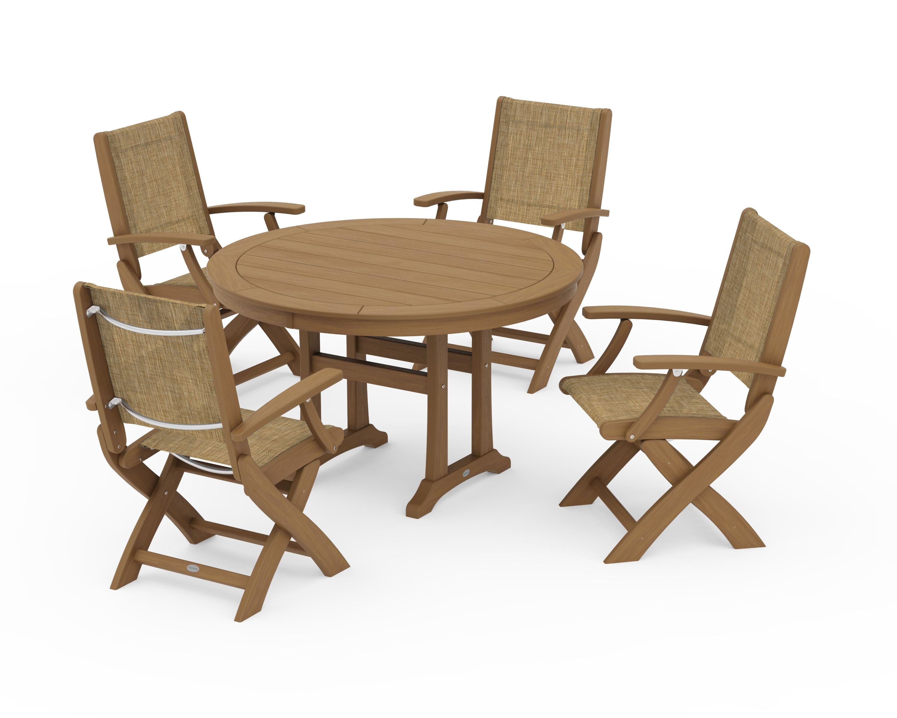 POLYWOOD Coastal Folding Chair 5-Piece Round Dining Set with Trestle Legs in Natural / Burlap Sling
