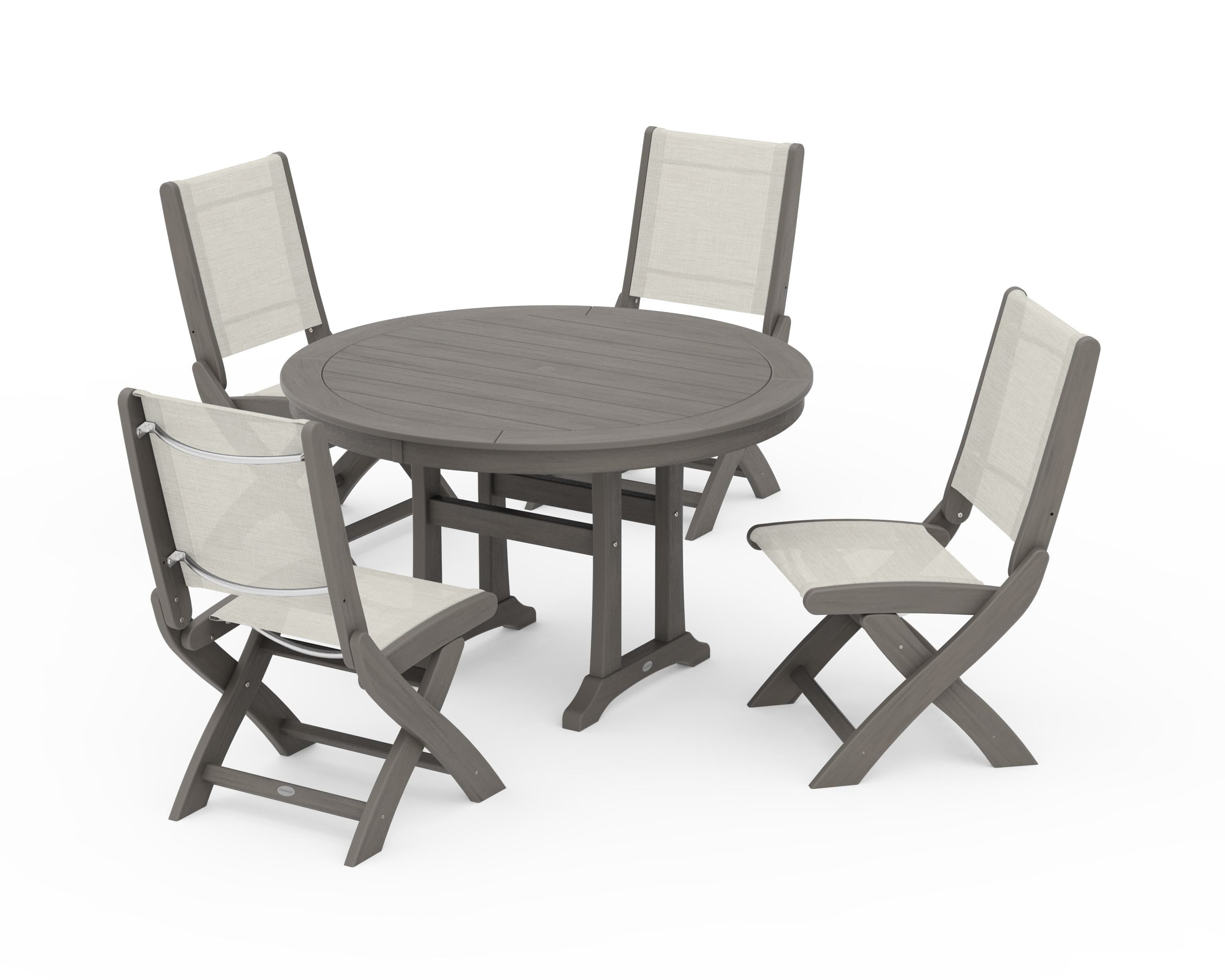 POLYWOOD Coastal Folding Side Chair 5-Piece Round Dining Set With Trestle Legs in Driftwood / Parchment Sling