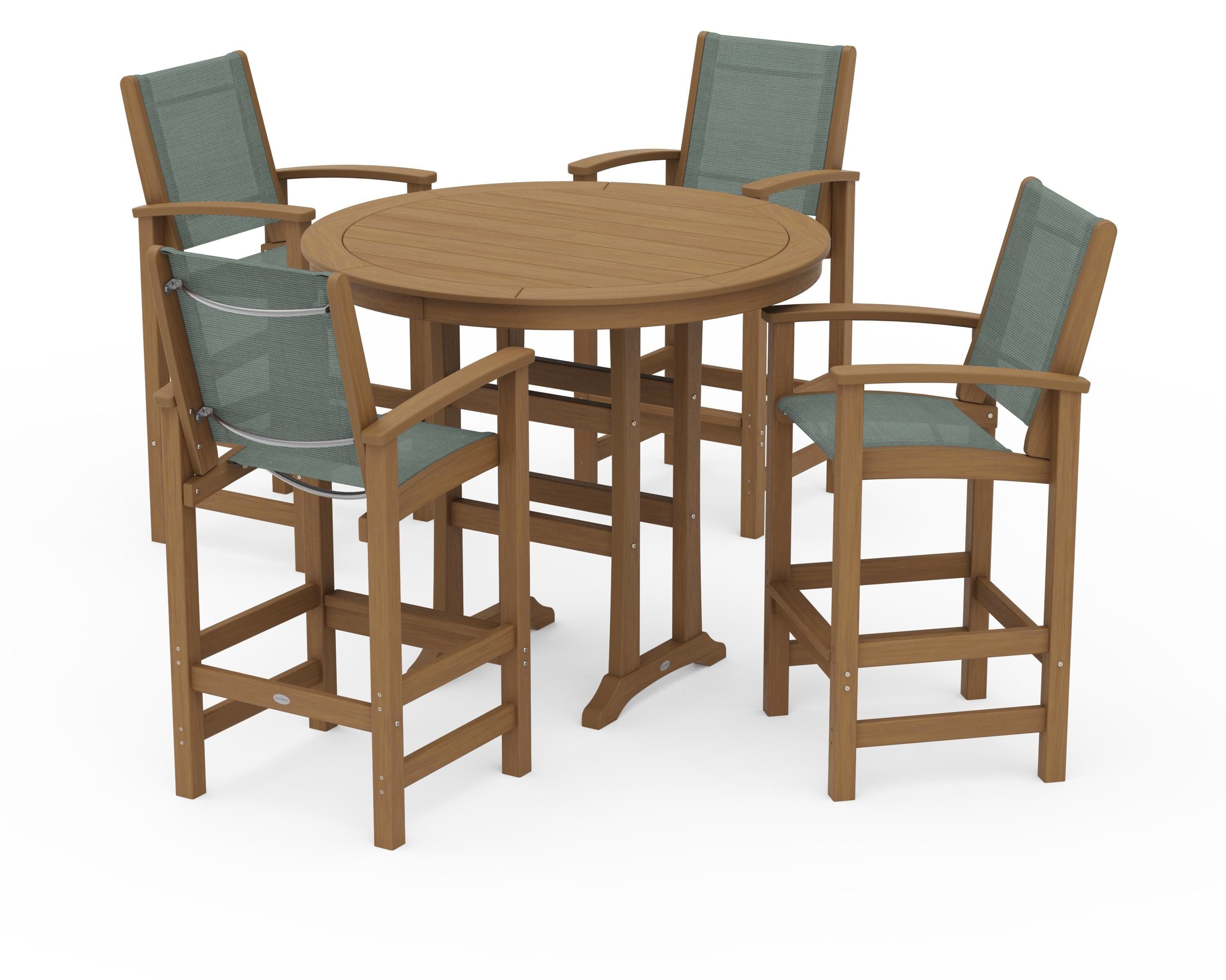 POLYWOOD Coastal 5-Piece Nautical Trestle Bar Set in Natural / Dupioni Sea Mist Sling