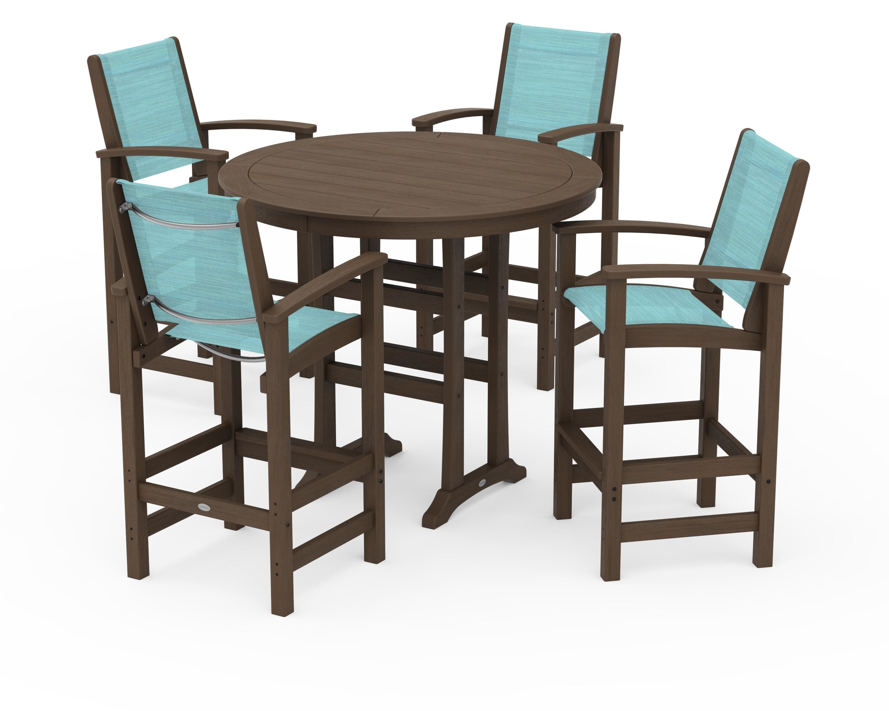 POLYWOOD Coastal 5-Piece Nautical Trestle Bar Set in Kona / Dupioni Aquamarine Sling