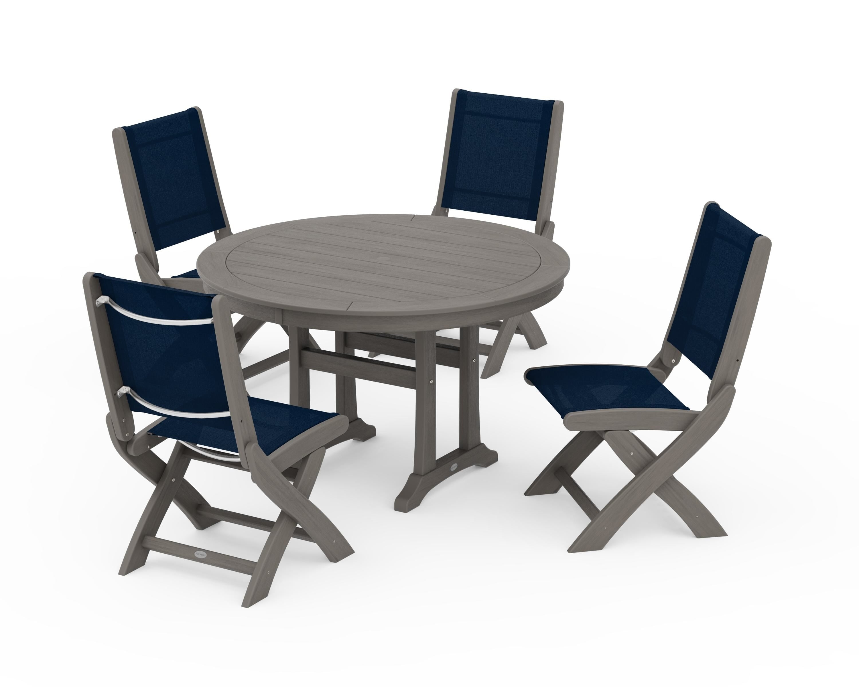 POLYWOOD Coastal Folding Side Chair 5-Piece Round Dining Set With Trestle Legs in Driftwood / Navy Blue Sling