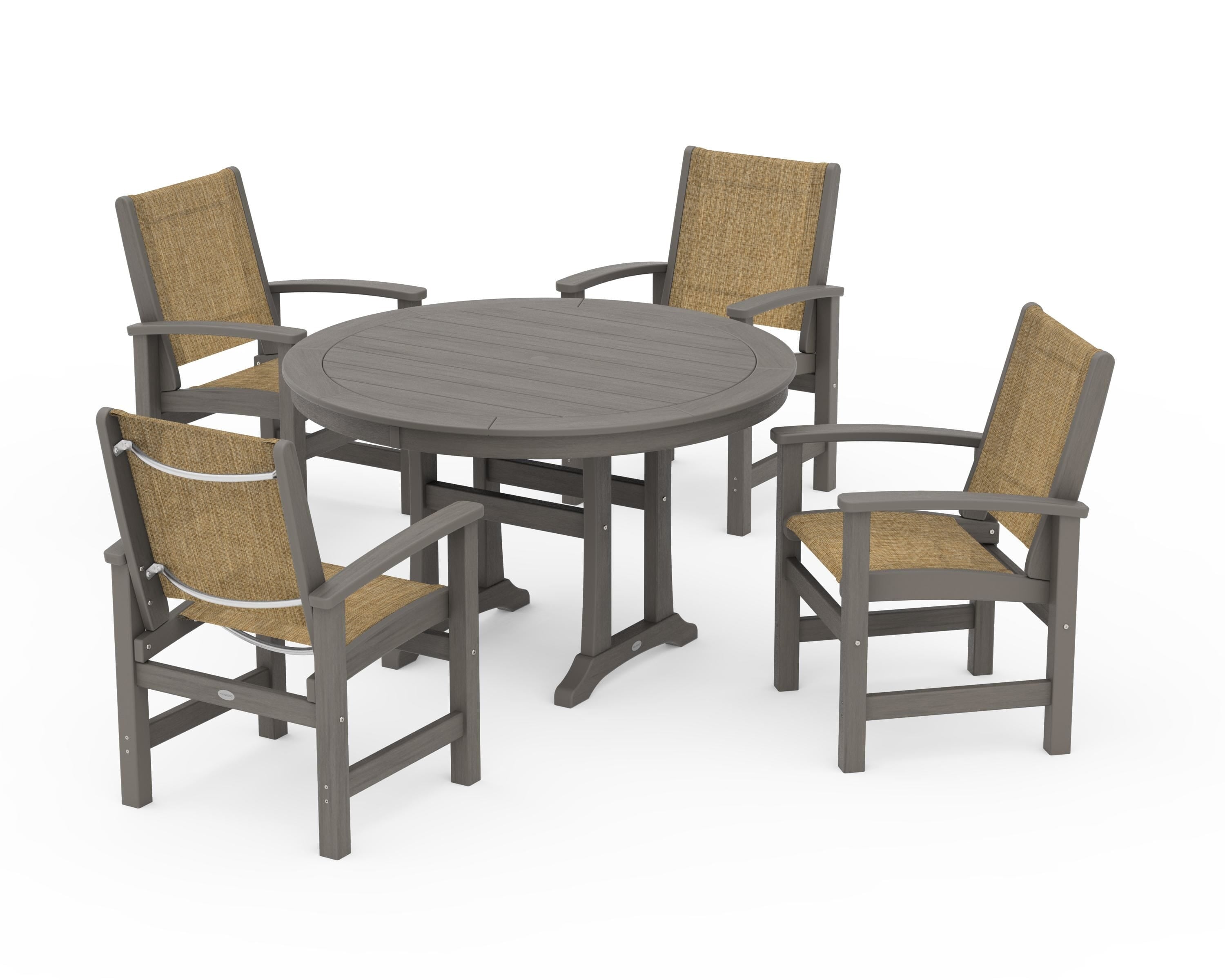 POLYWOOD Coastal 5-Piece Round Dining Set with Trestle Legs in Driftwood / Burlap Sling