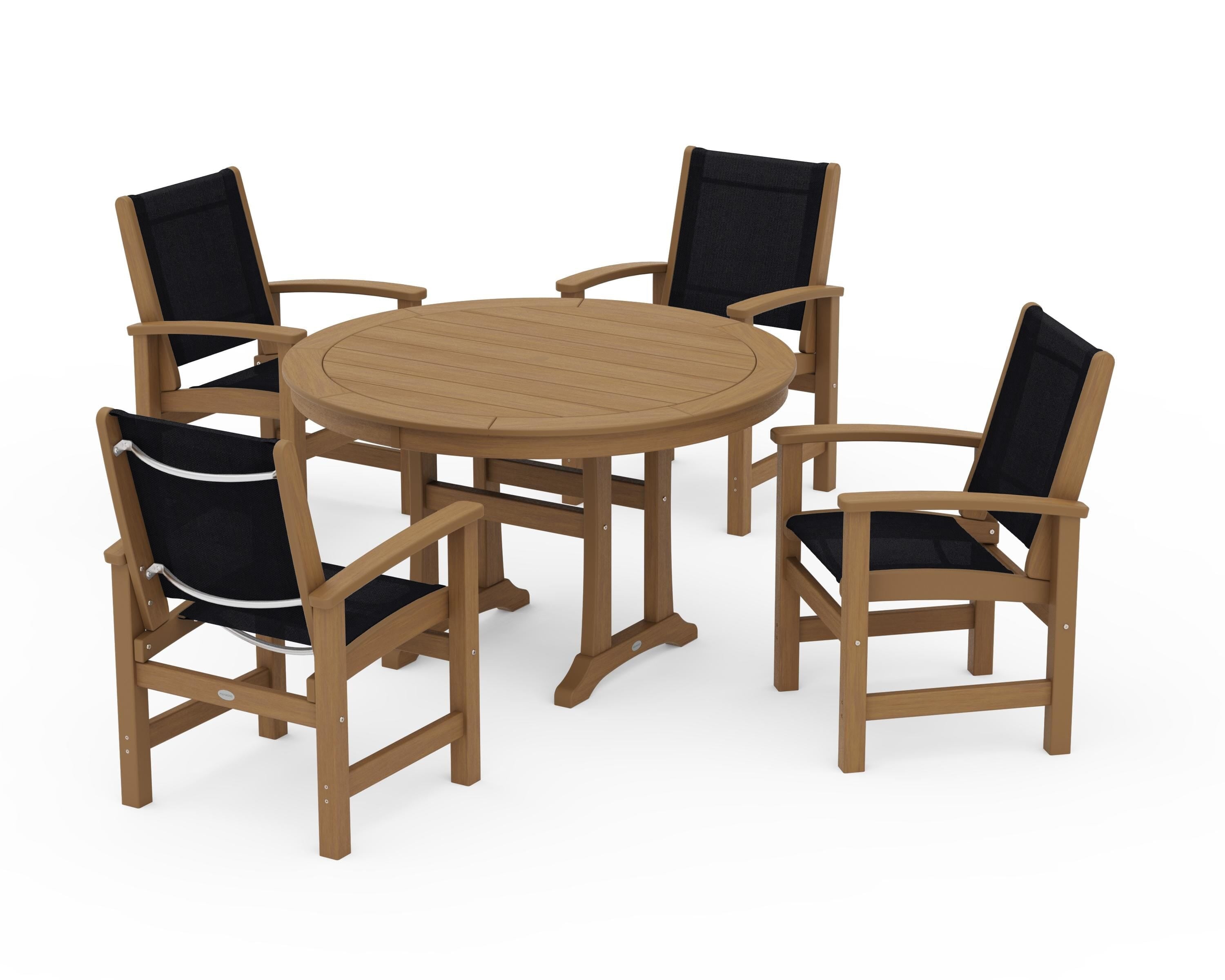 POLYWOOD Coastal 5-Piece Round Dining Set with Trestle Legs in Natural / Black Sling