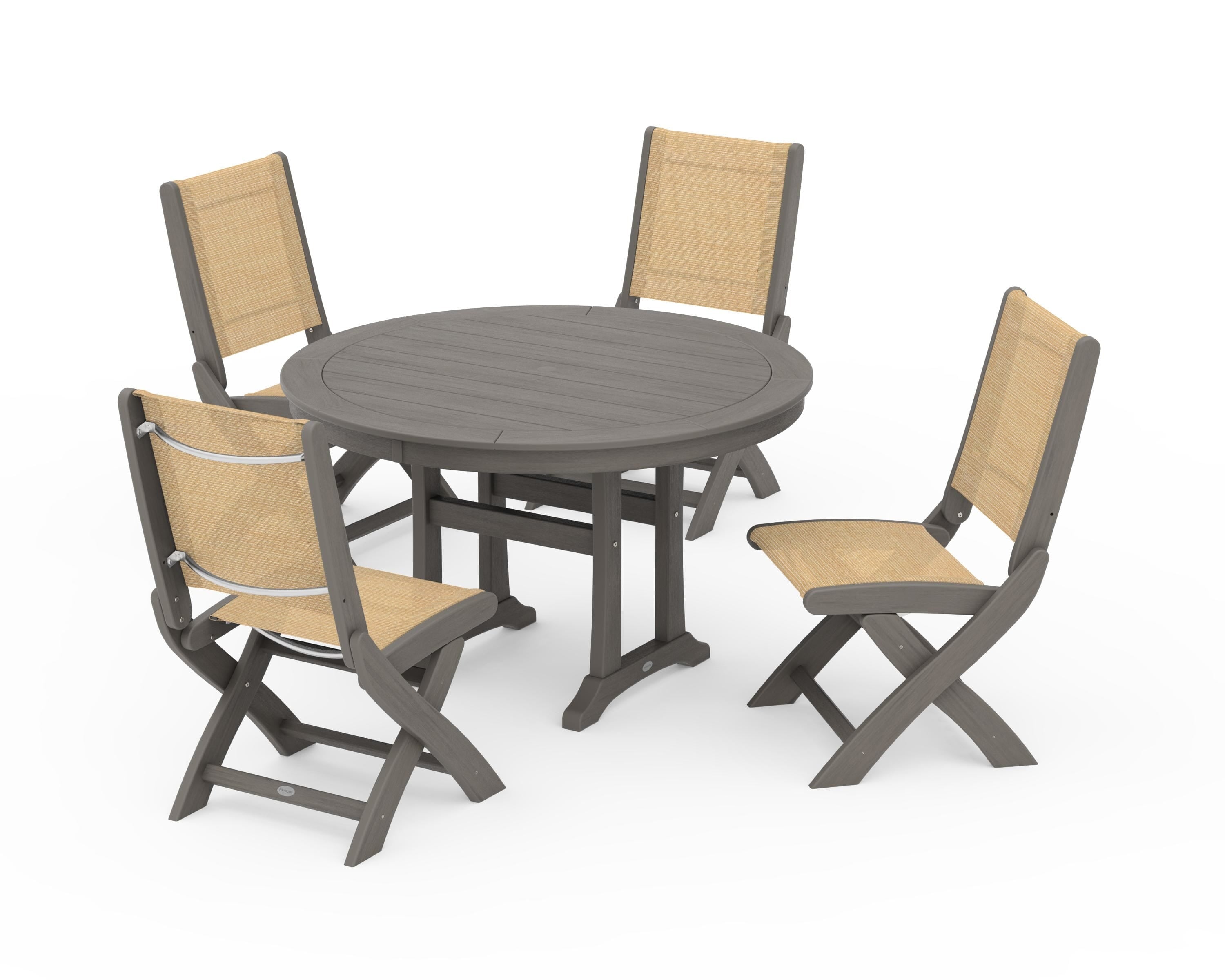 POLYWOOD Coastal Folding Side Chair 5-Piece Round Dining Set With Trestle Legs in Driftwood / Dupioni Apricot Sling