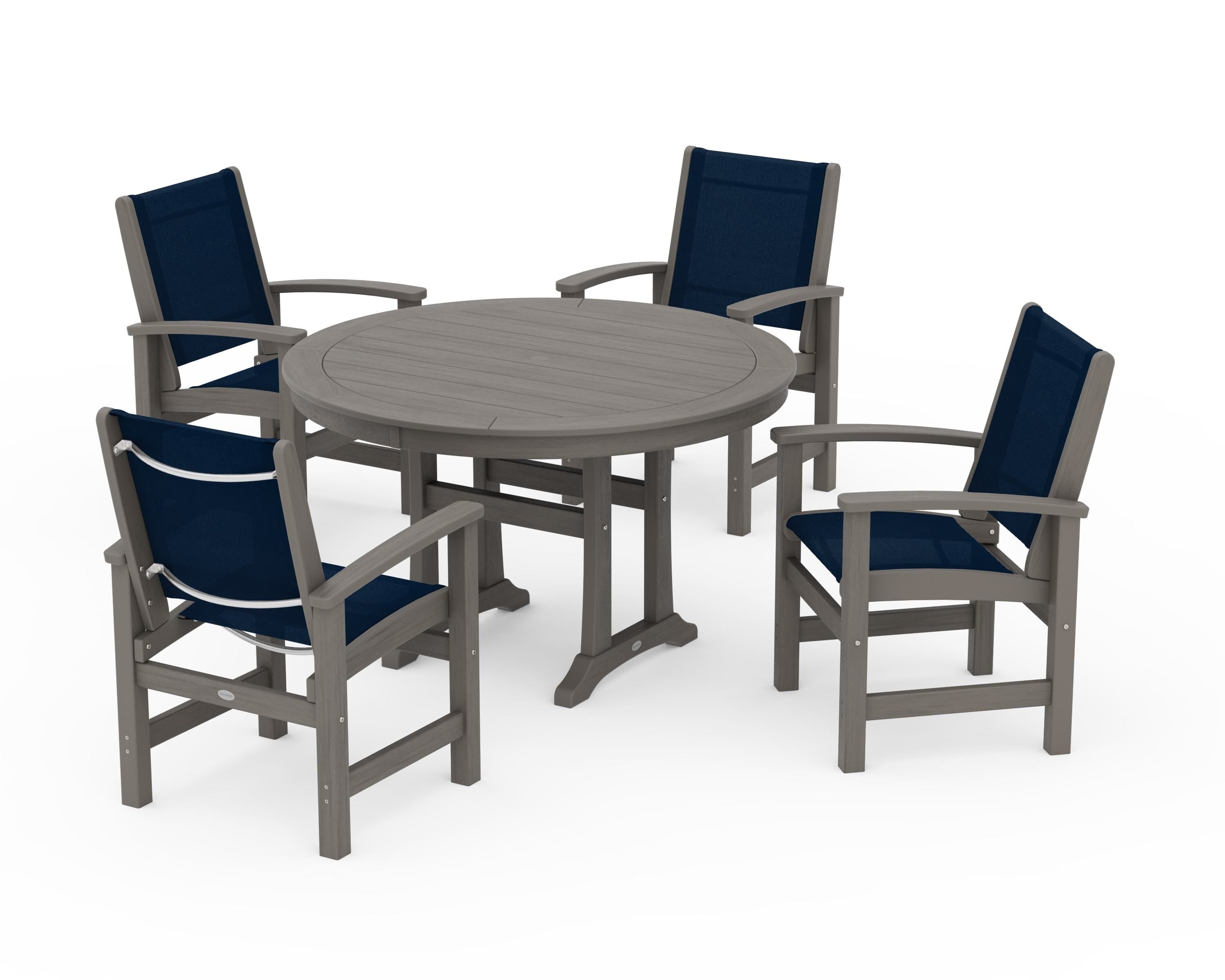 POLYWOOD Coastal 5-Piece Round Dining Set with Trestle Legs in Driftwood / Navy Blue Sling