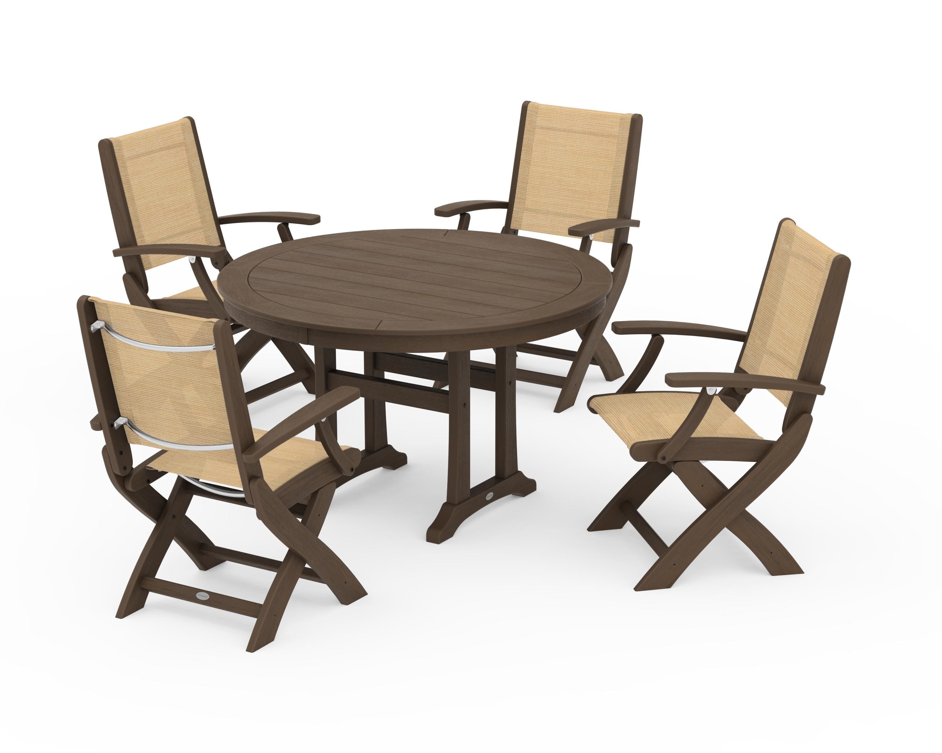 POLYWOOD Coastal Folding Chair 5-Piece Round Dining Set with Trestle Legs in Kona / Dupioni Apricot Sling