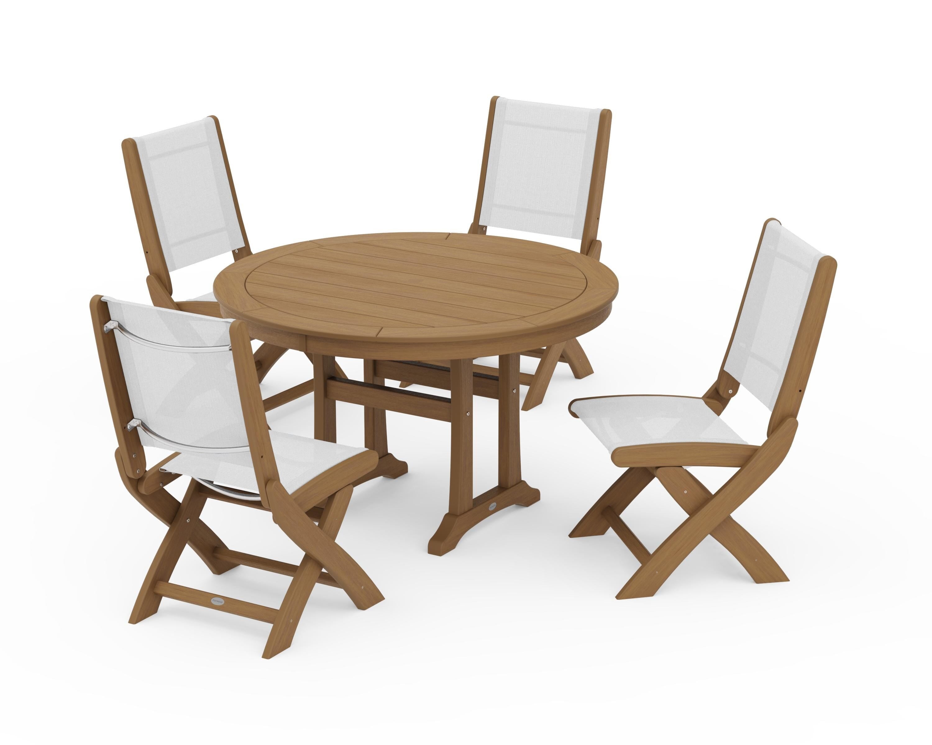 POLYWOOD Coastal Folding Side Chair 5-Piece Round Dining Set With Trestle Legs in Natural / White Sling