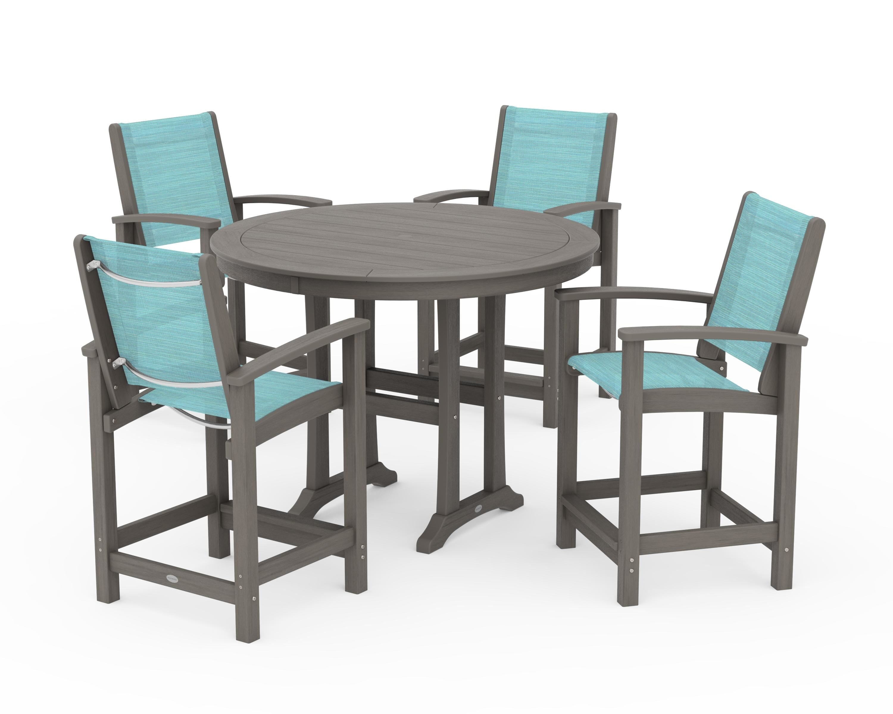 POLYWOOD Coastal 5-Piece Counter Set in Driftwood / Dupioni Aquamarine Sling