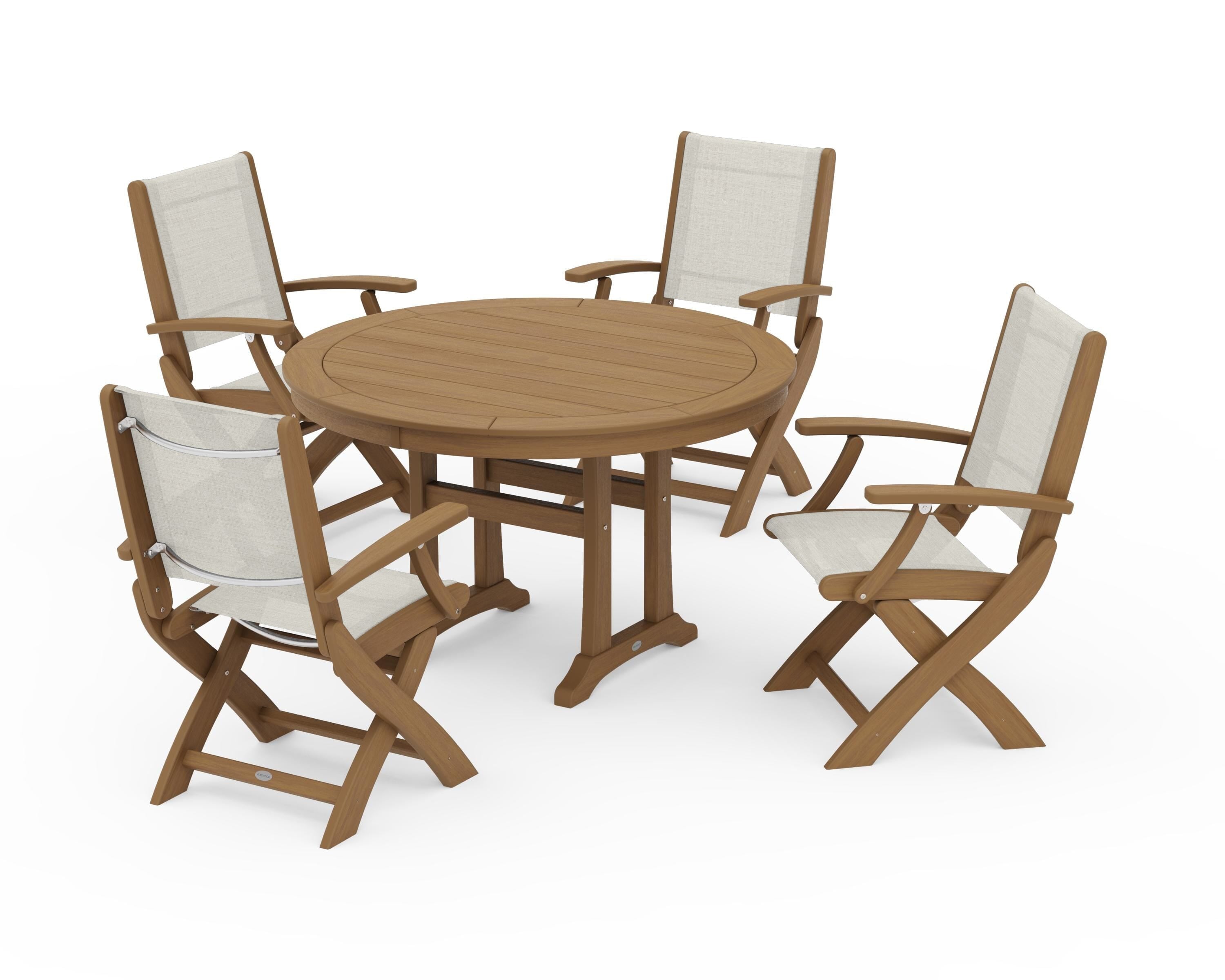 POLYWOOD Coastal Folding Chair 5-Piece Round Dining Set with Trestle Legs in Natural / Parchment Sling