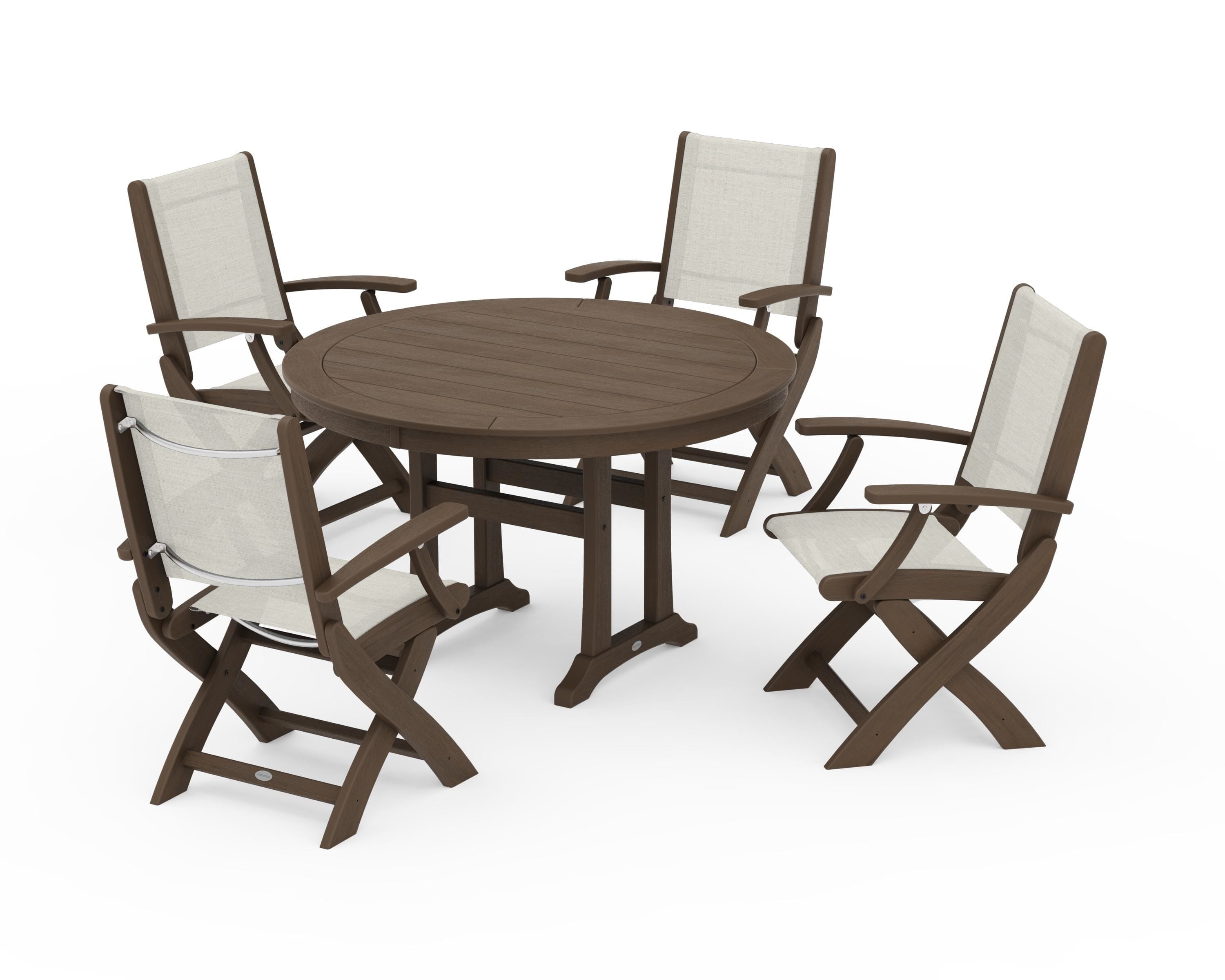POLYWOOD Coastal Folding Chair 5-Piece Round Dining Set with Trestle Legs in Kona / Parchment Sling