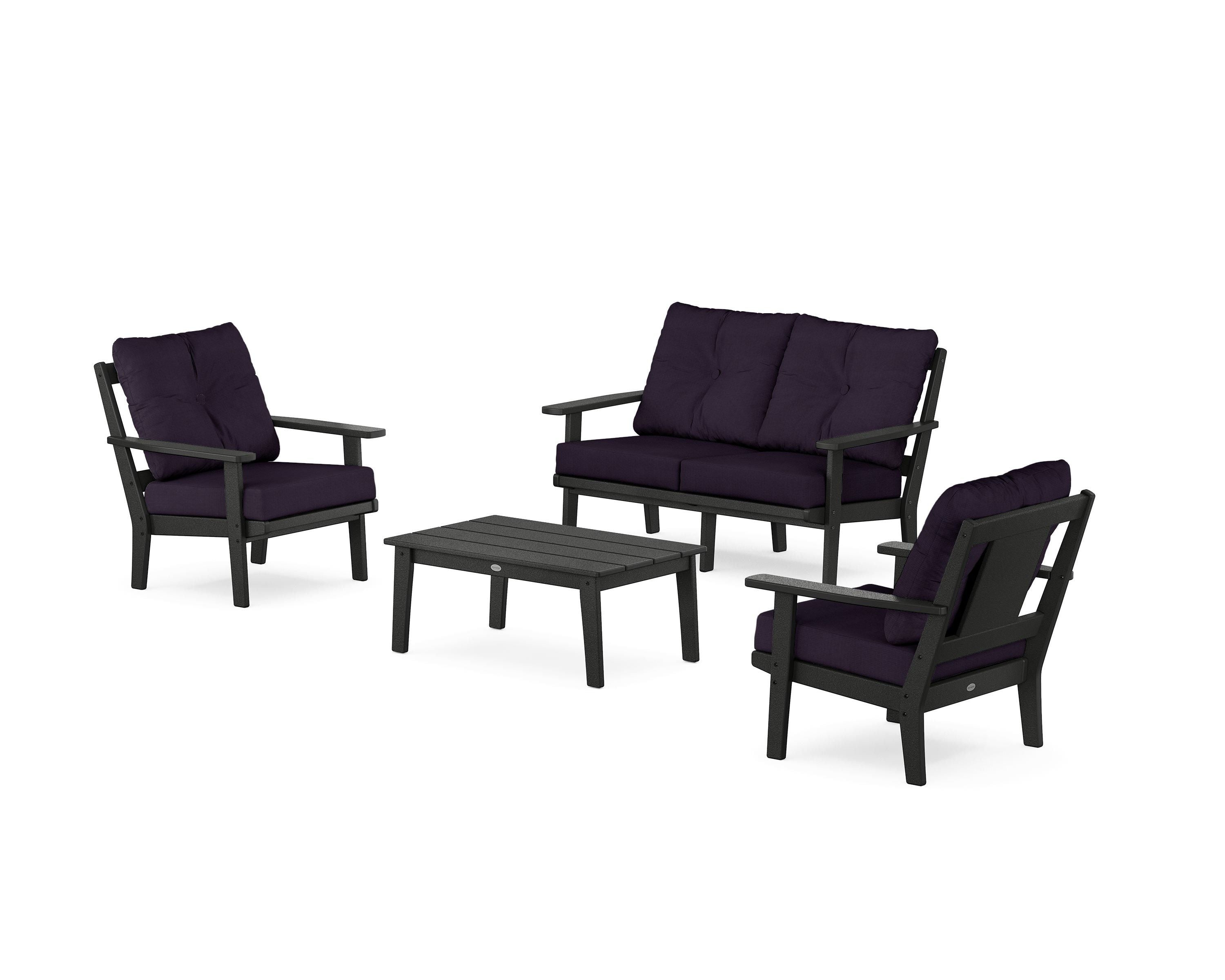 POLYWOOD Prairie 4-Piece Deep Seating Set with Loveseat in Black / Navy Linen