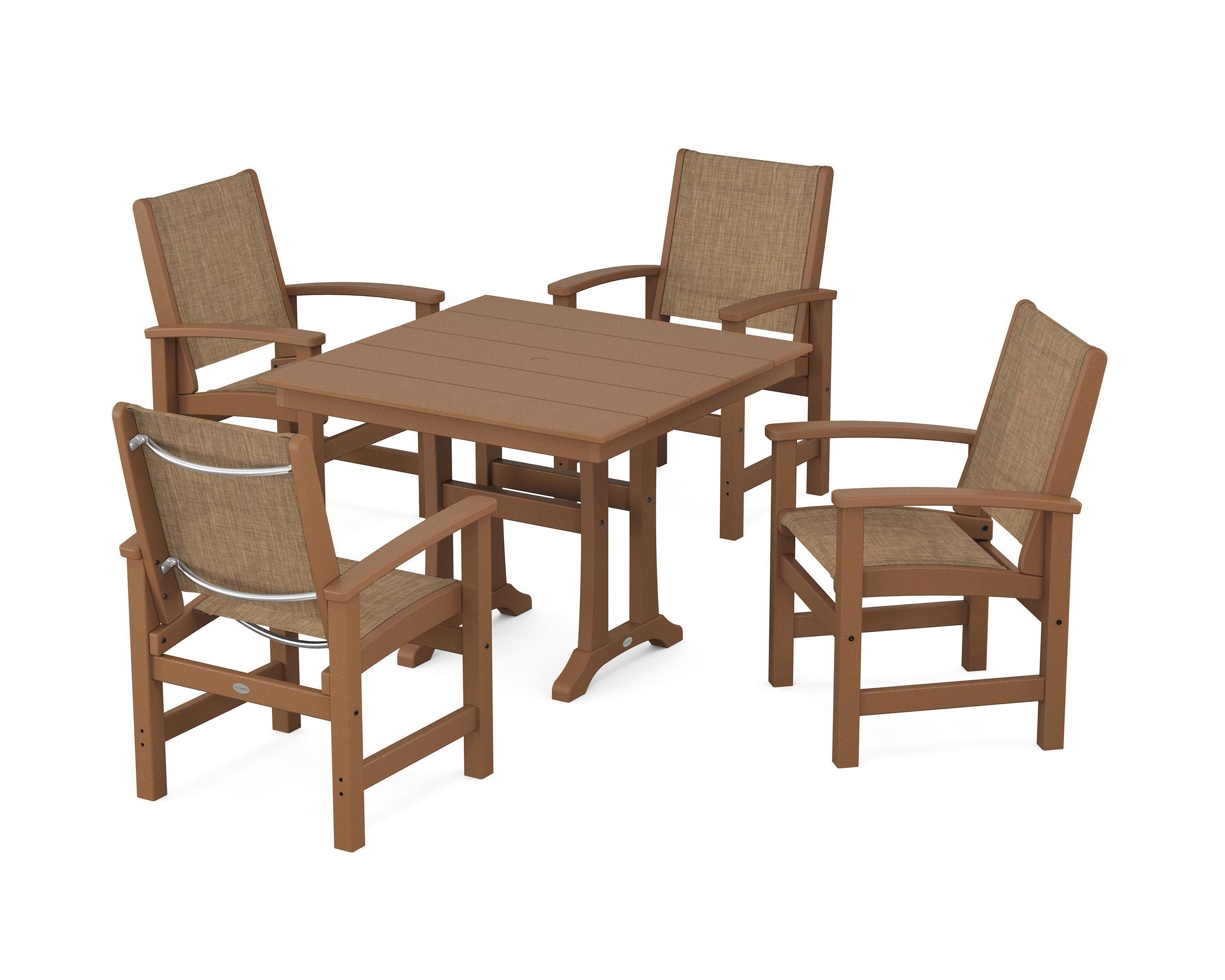 POLYWOOD Coastal 5-Piece Farmhouse Dining Set With Trestle Legs in Teak / Burlap Sling
