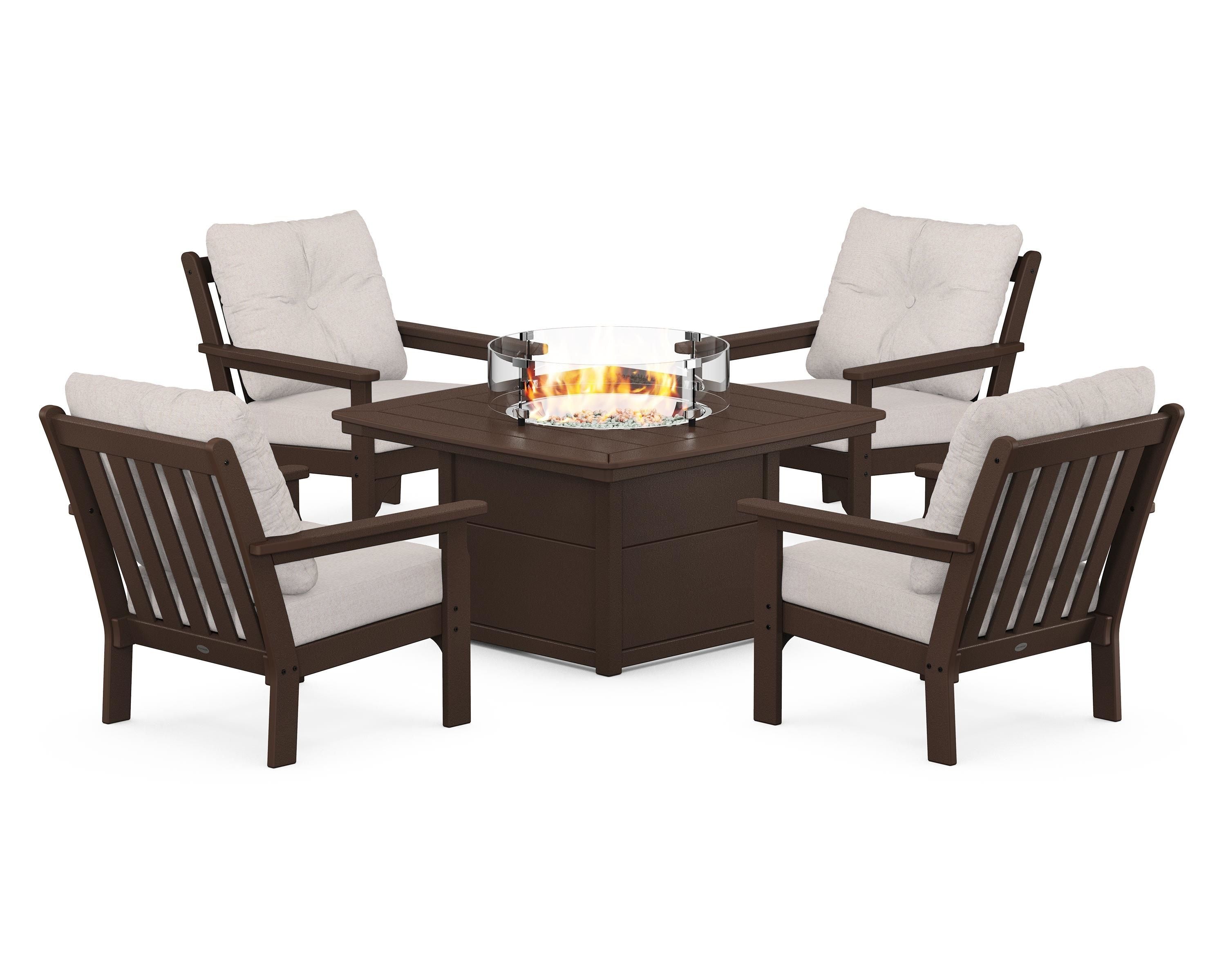 POLYWOOD Vineyard 5-Piece Conversation Set with Fire Pit Table in Mahogany / Dune Burlap