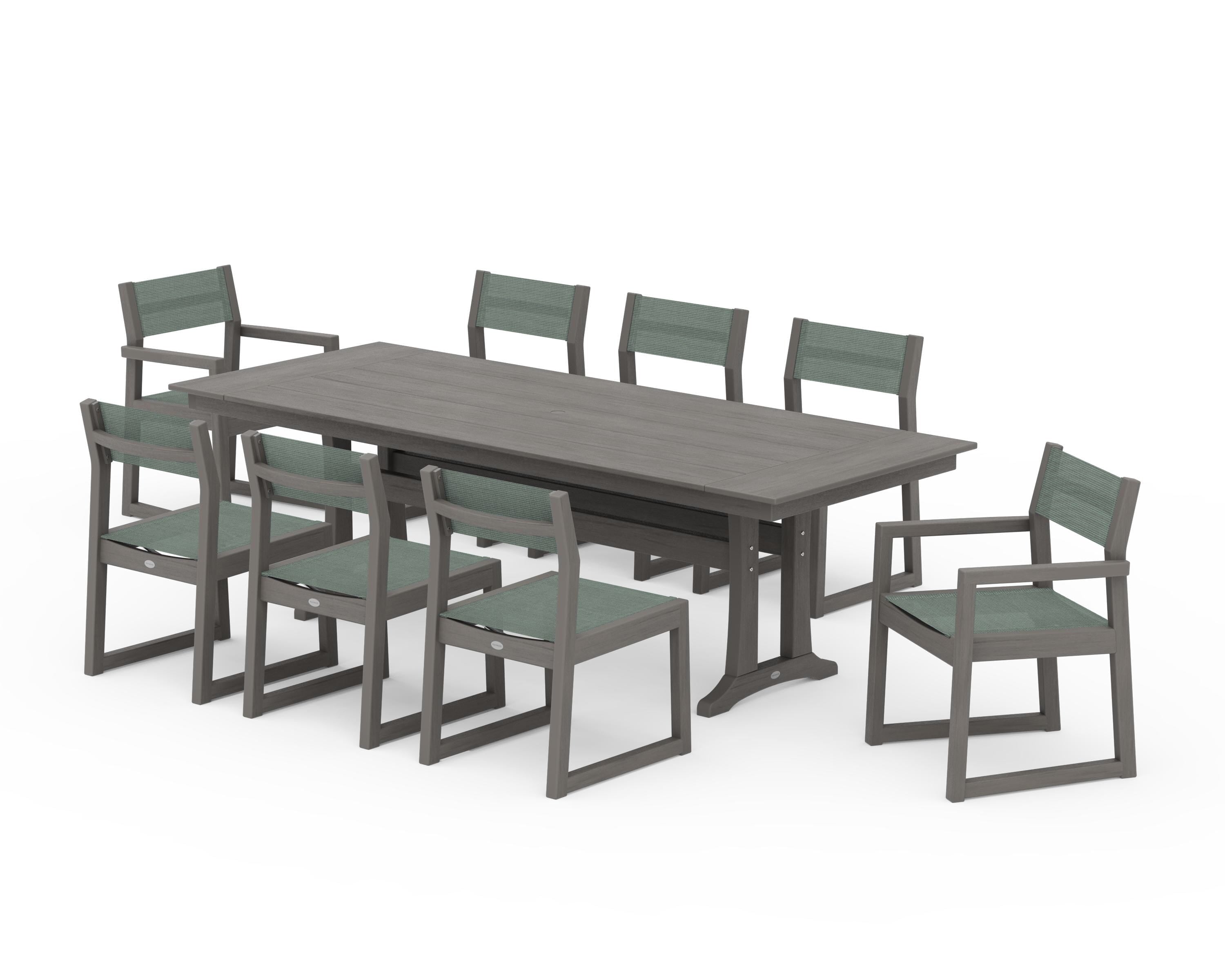 POLYWOOD EDGE Sling 9-Piece Farmhouse Trestle Dining Set in Driftwood / Dupioni Sea Mist Sling