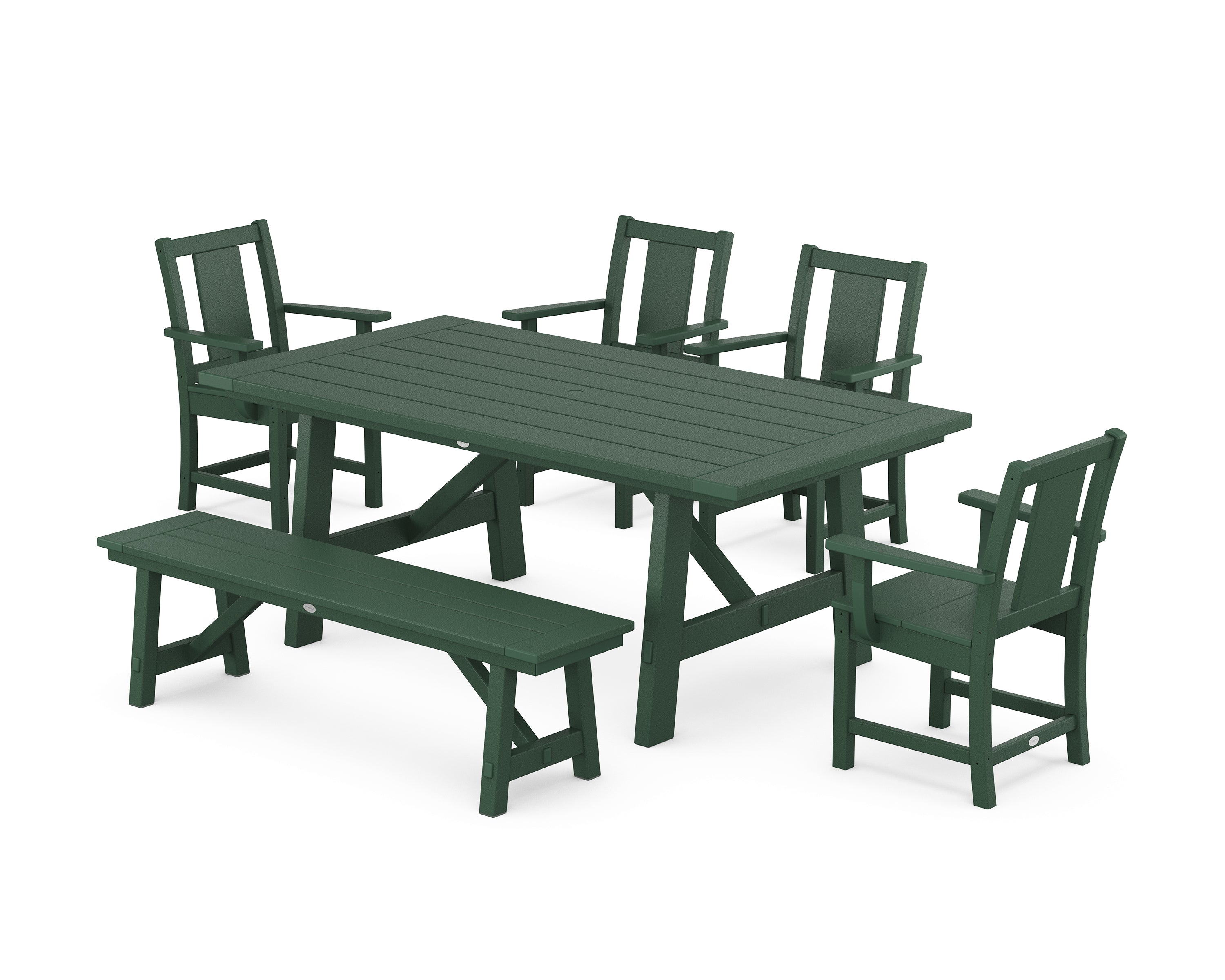 POLYWOOD Prairie 6-Piece Rustic Farmhouse Dining Set with Bench in Green