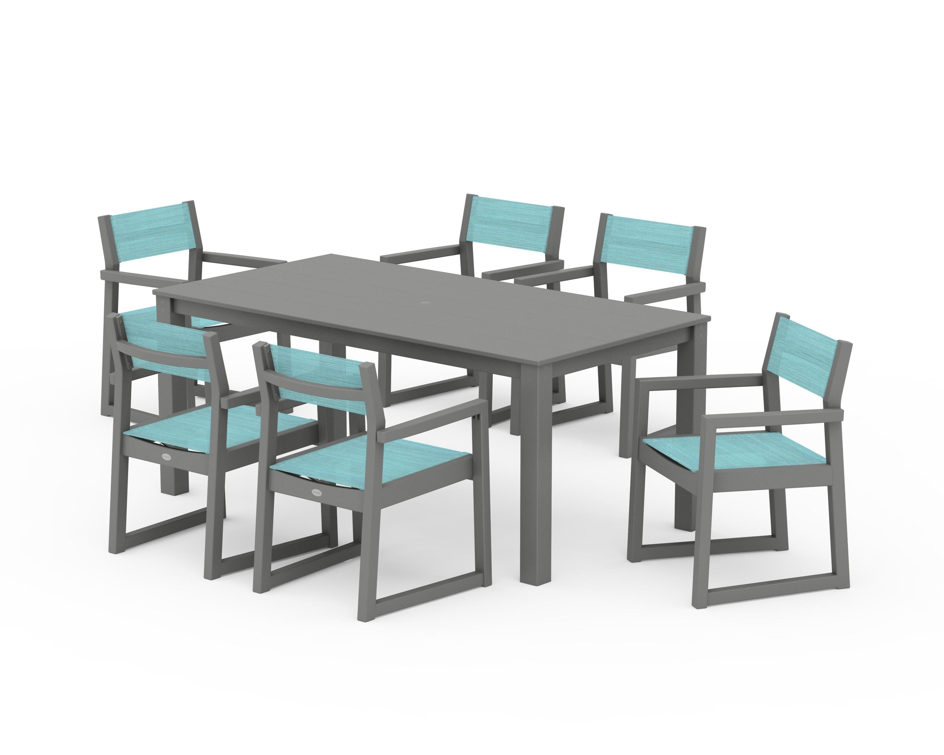 POLYWOOD EDGE Sling Arm Chair 7-Piece Parsons Dining Set in Slate Grey / Dupioni Aquamarine Sling