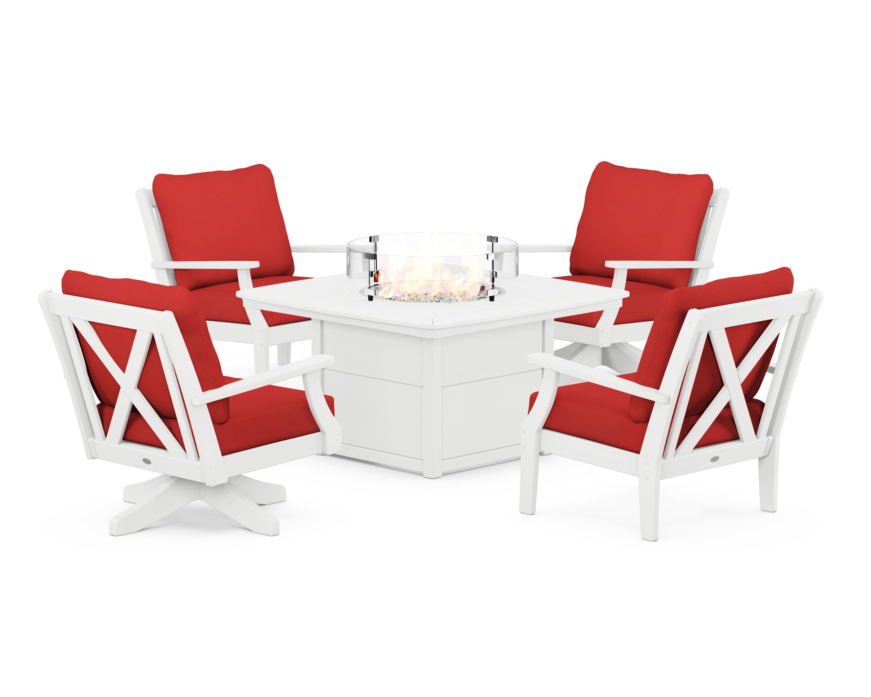 POLYWOOD Braxton 5-Piece Deep Seating Set with Fire Table in White / Crimson Linen