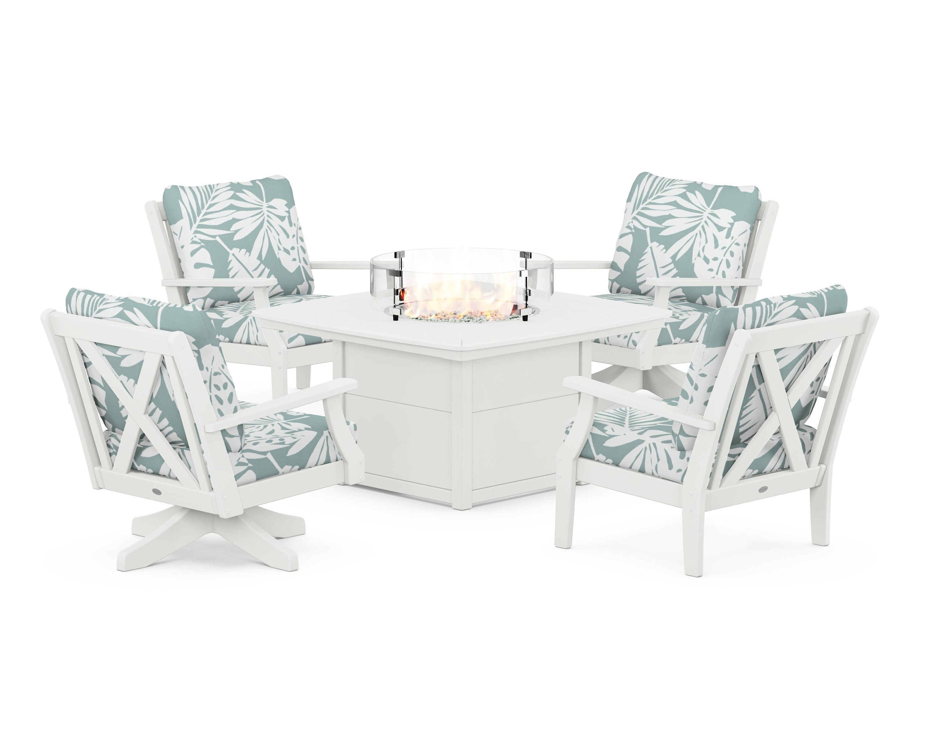 POLYWOOD Braxton 5-Piece Deep Seating Set with Fire Table in Vintage White / Leaf Glacier Spa