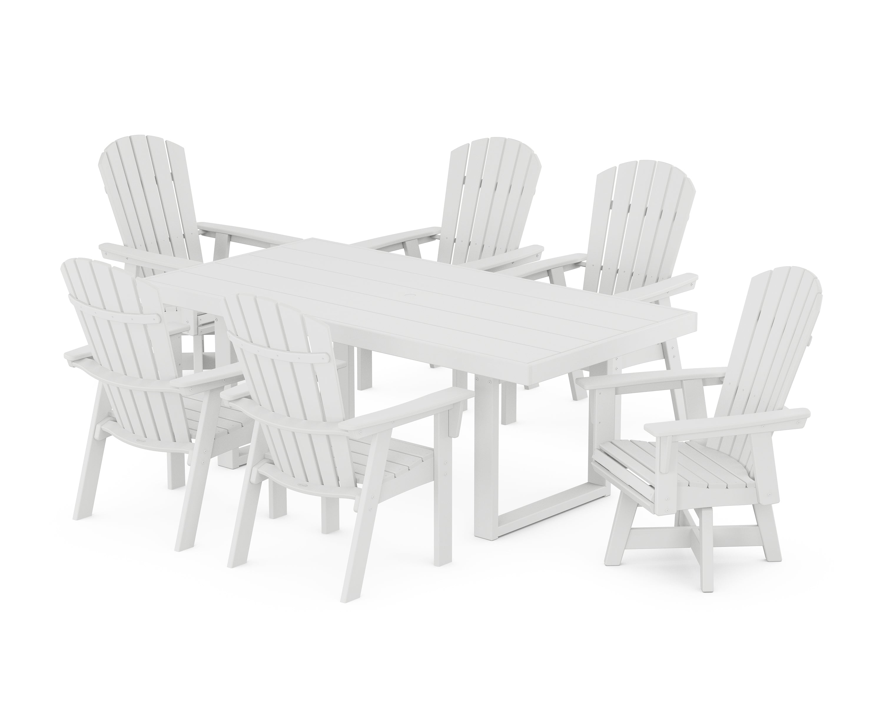 POLYWOOD Nautical Curveback Adirondack Swivel Chair 7-Piece Dining Set in White