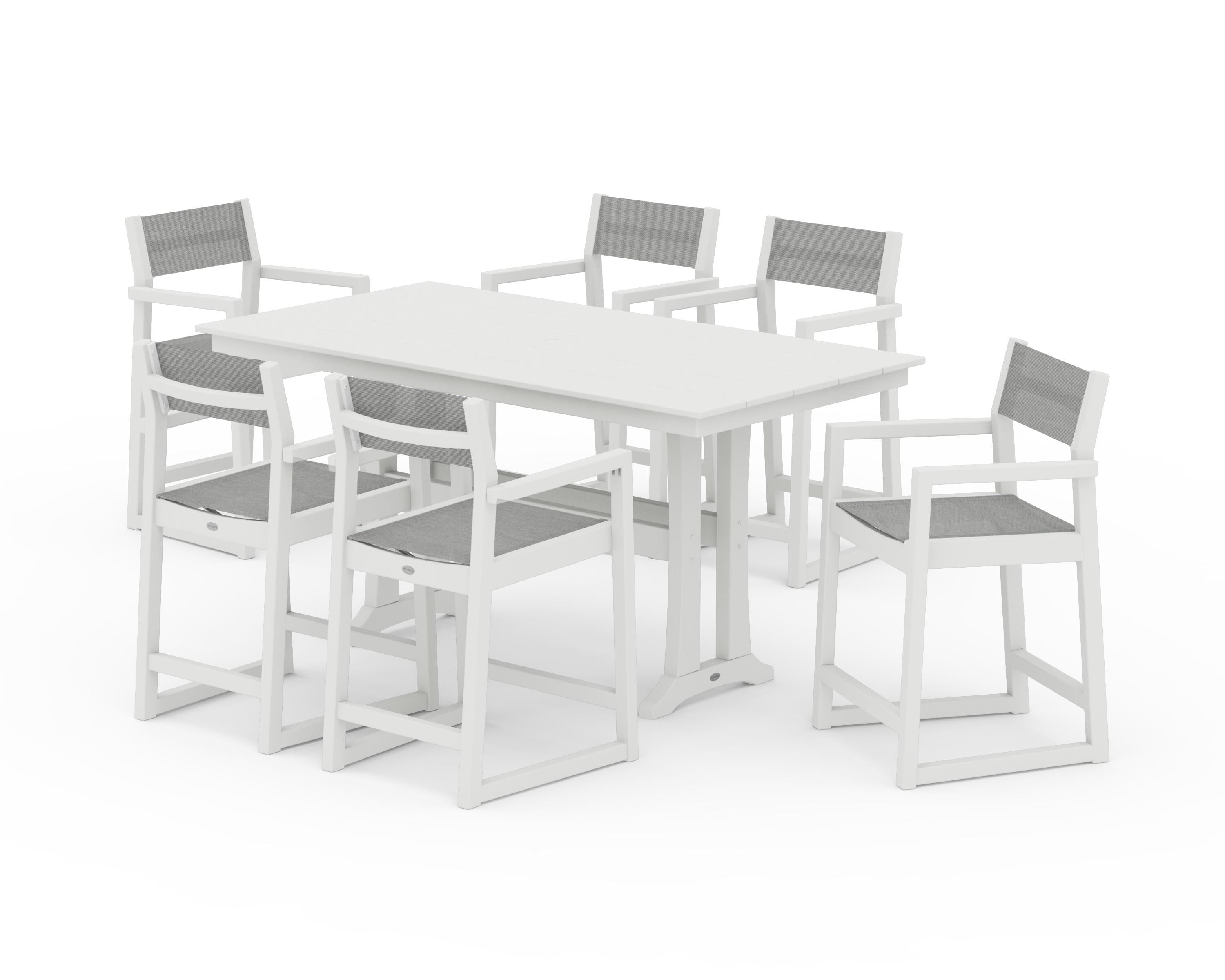 POLYWOOD EDGE Sling Arm Chair 7-Piece Farmhouse Counter Set with Trestle Legs in Vintage White / Metallic Sling