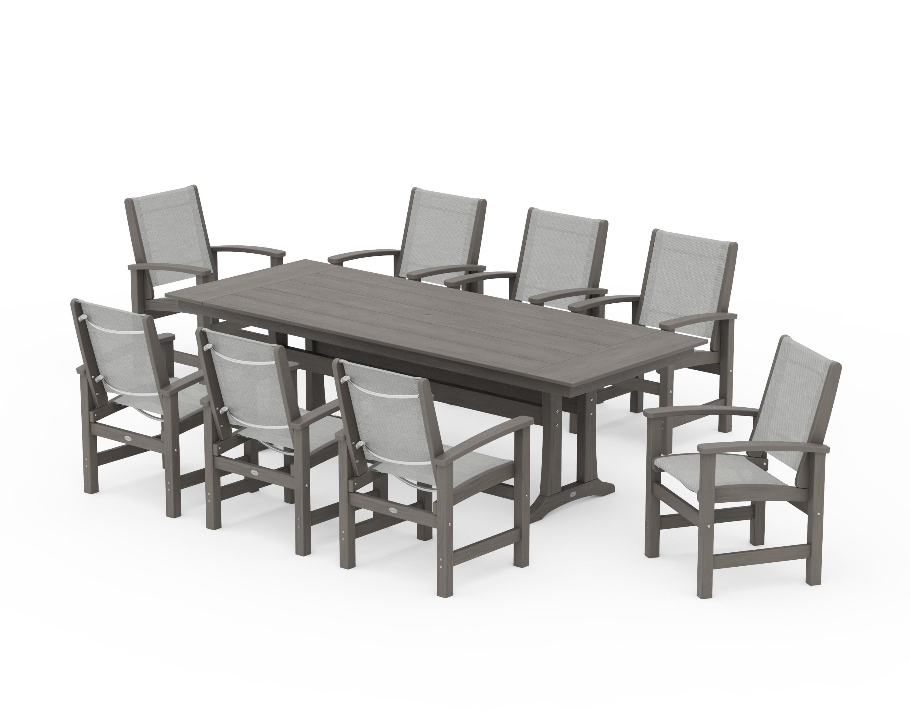 POLYWOOD Coastal 9-Piece Farmhouse Dining Set with Trestle Legs in Driftwood / Metallic Sling