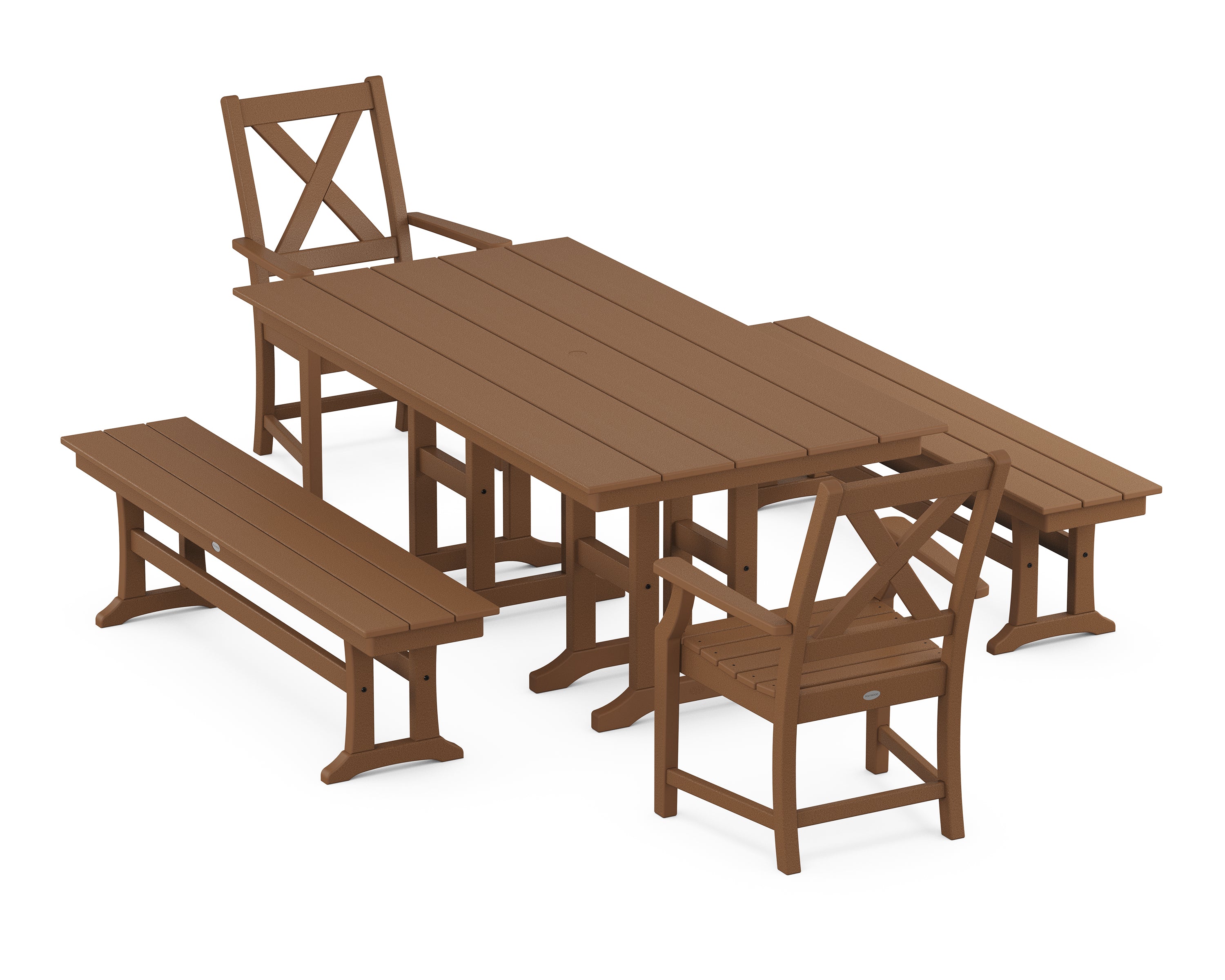 POLYWOOD® Braxton 5-Piece Farmhouse Dining Set with Benches in Teak
