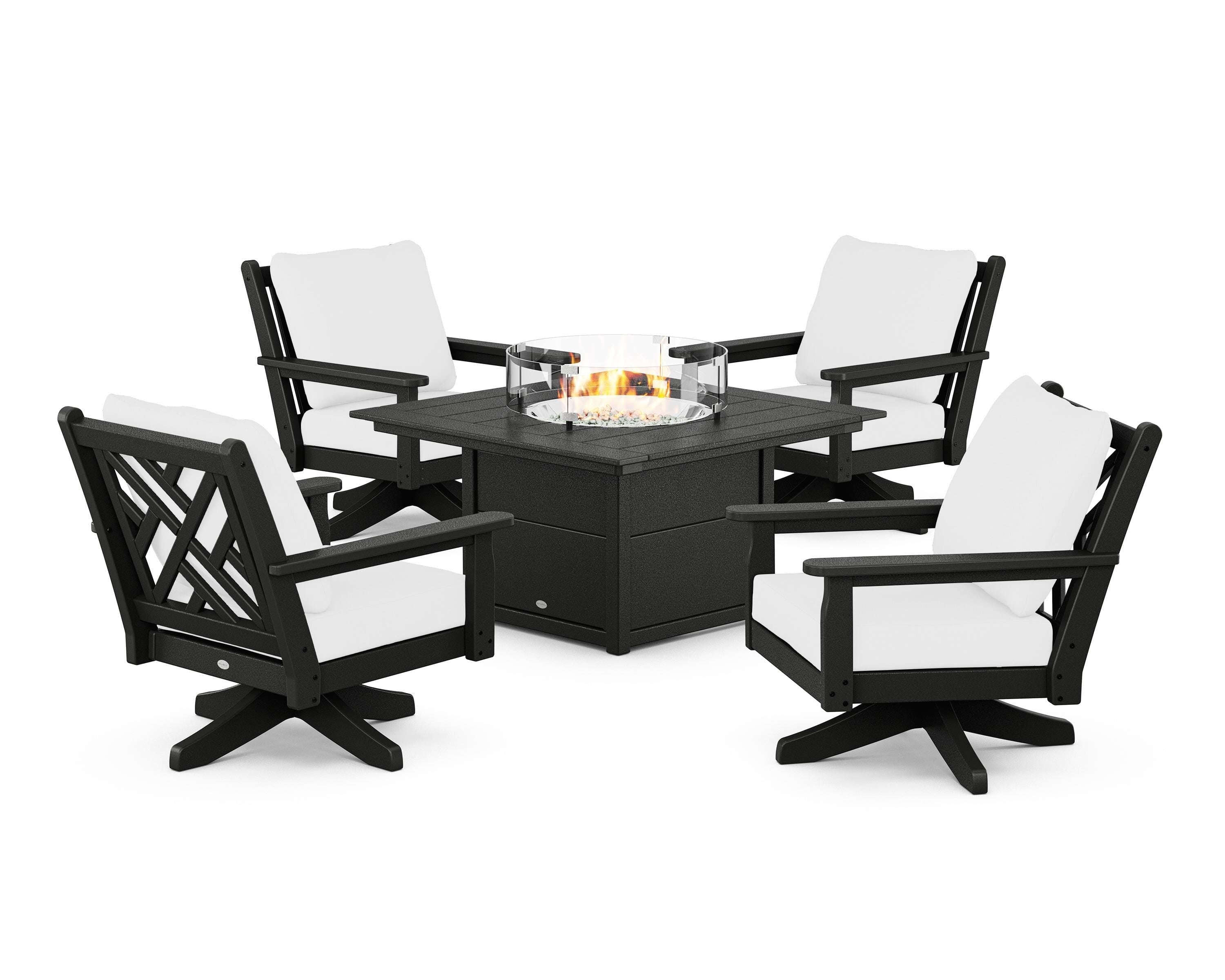 POLYWOOD Chippendale 5-Piece Deep Seating Swivel Conversation Set with Fire Pit Table in Black / Natural