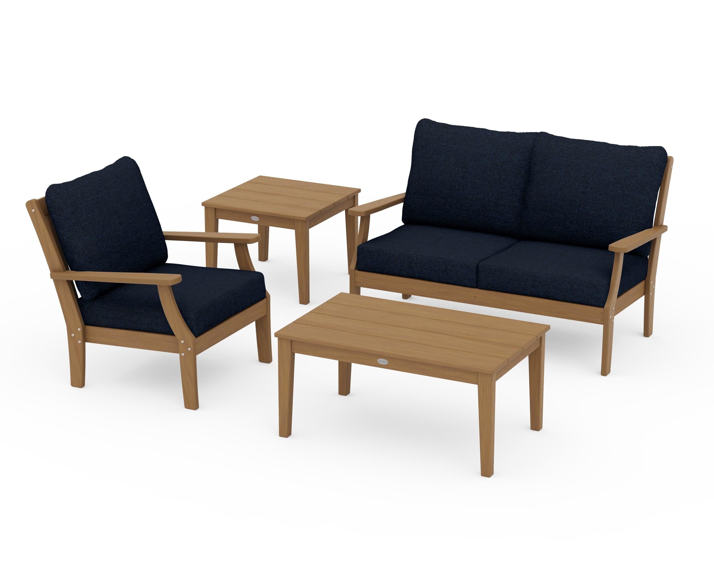 POLYWOOD Braxton 4-Piece Deep Seating Set in Natural / Marine Indigo