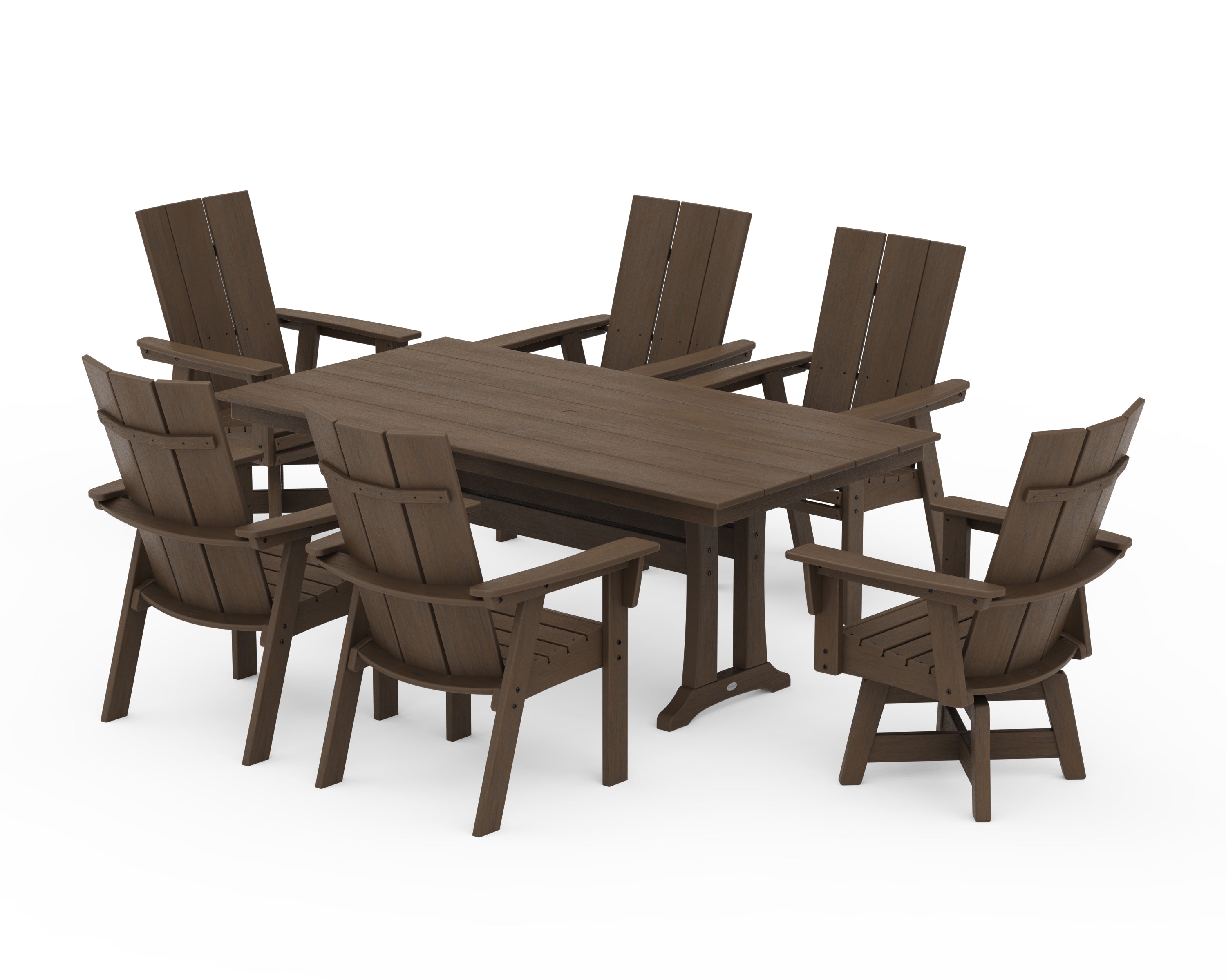 POLYWOOD Modern Curveback Adirondack Swivel Chair 7-Piece Farmhouse Dining Set With Trestle Legs in Kona