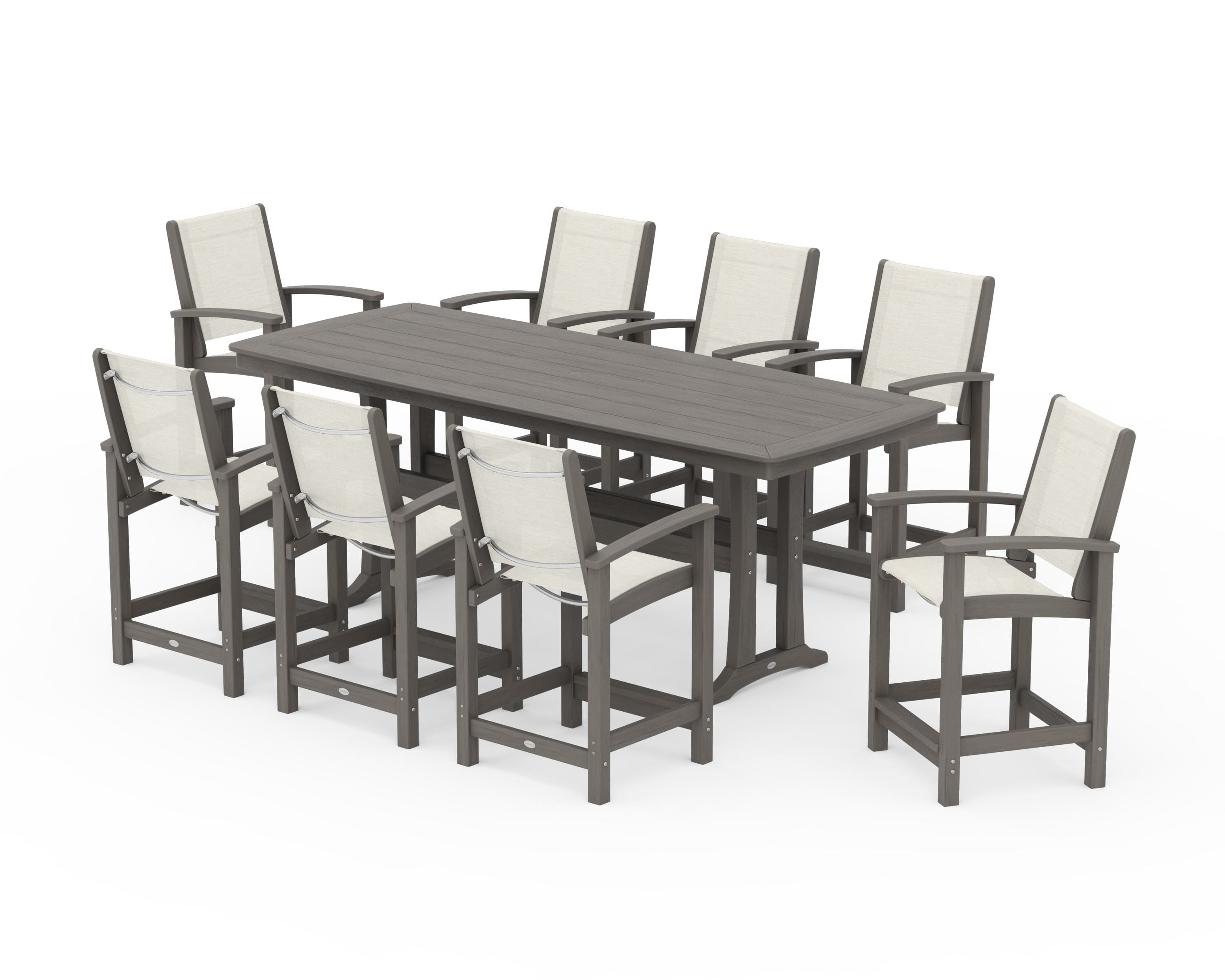 POLYWOOD Coastal 9-Piece Counter Set with Trestle Legs in Driftwood / Parchment Sling