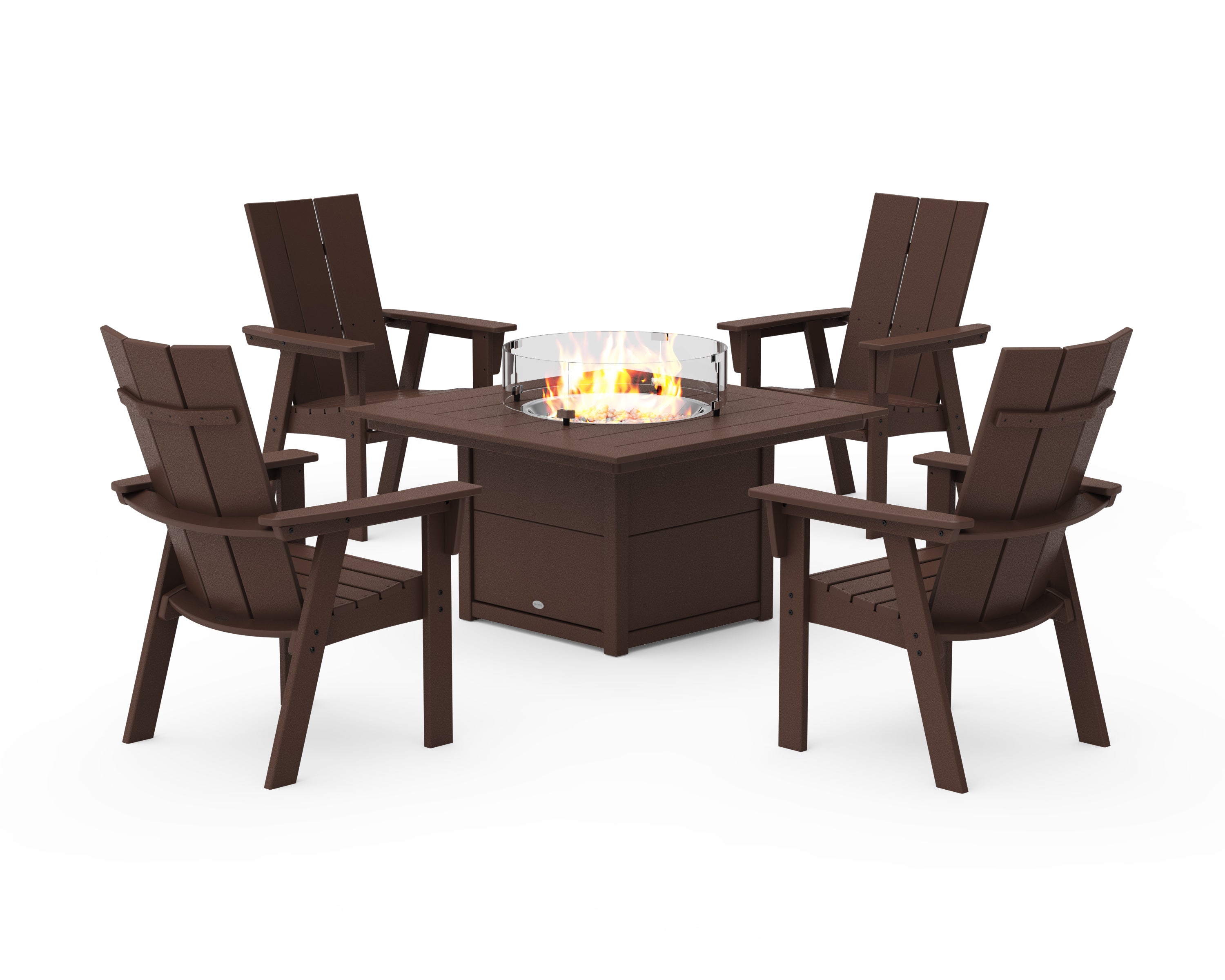 POLYWOOD Modern 4-Piece Curveback Upright Adirondack Conversation Set with Fire Pit Table in Mahogany