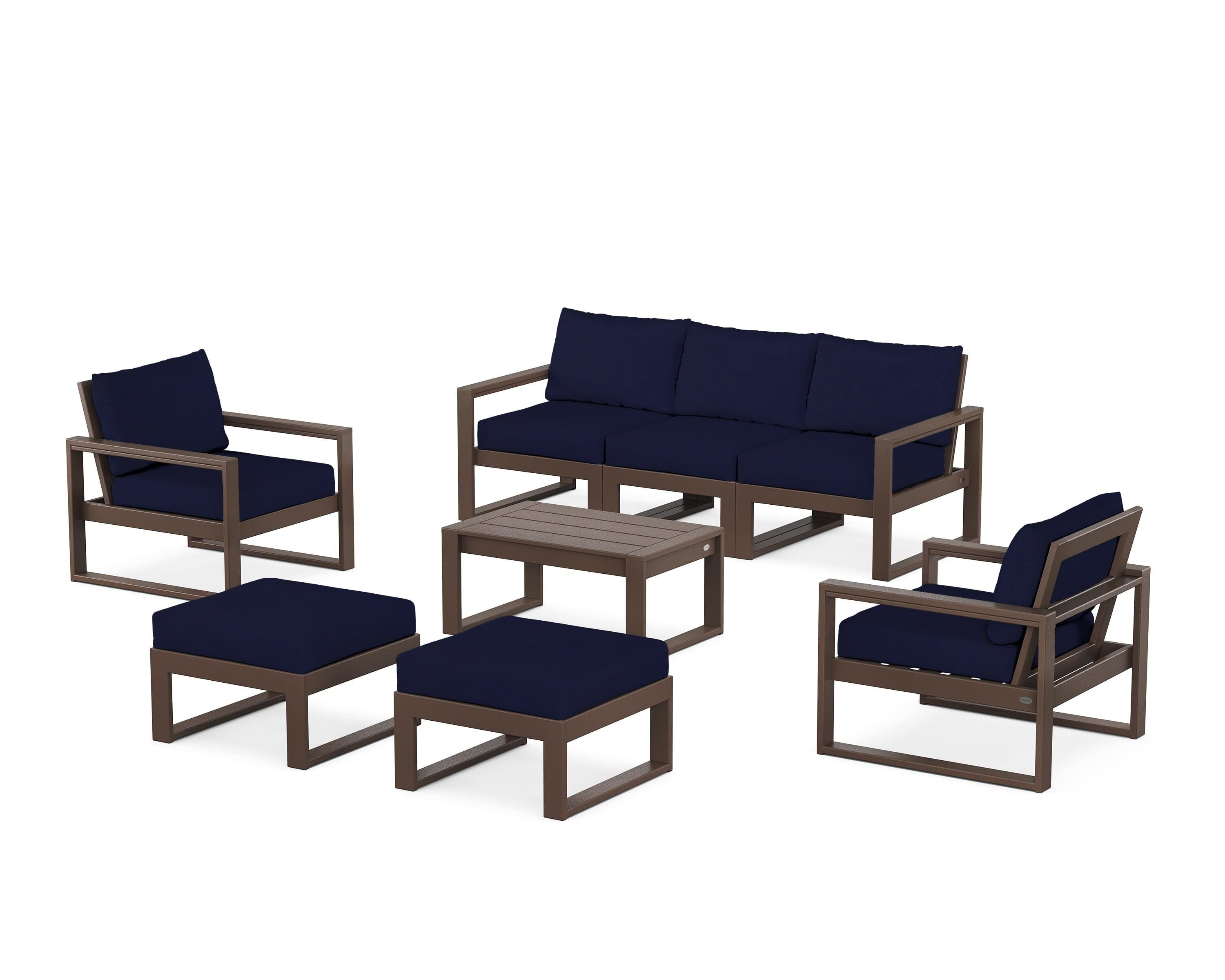 POLYWOOD EDGE Sectional 8-Piece Lounge Sofa Set in Mahogany / Navy