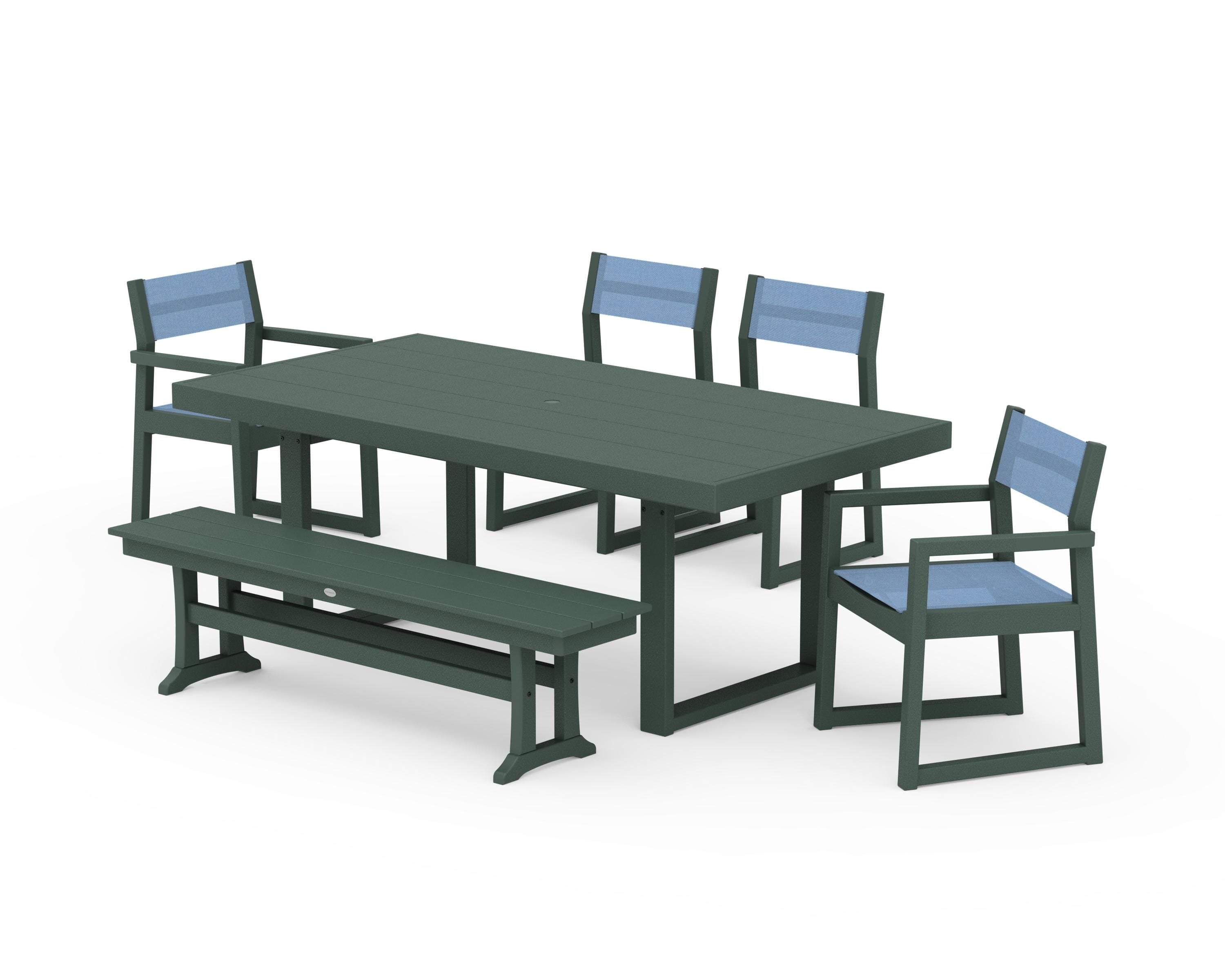 POLYWOOD EDGE Sling 6-Piece Dining Set with Bench in Green / Poolside Sling