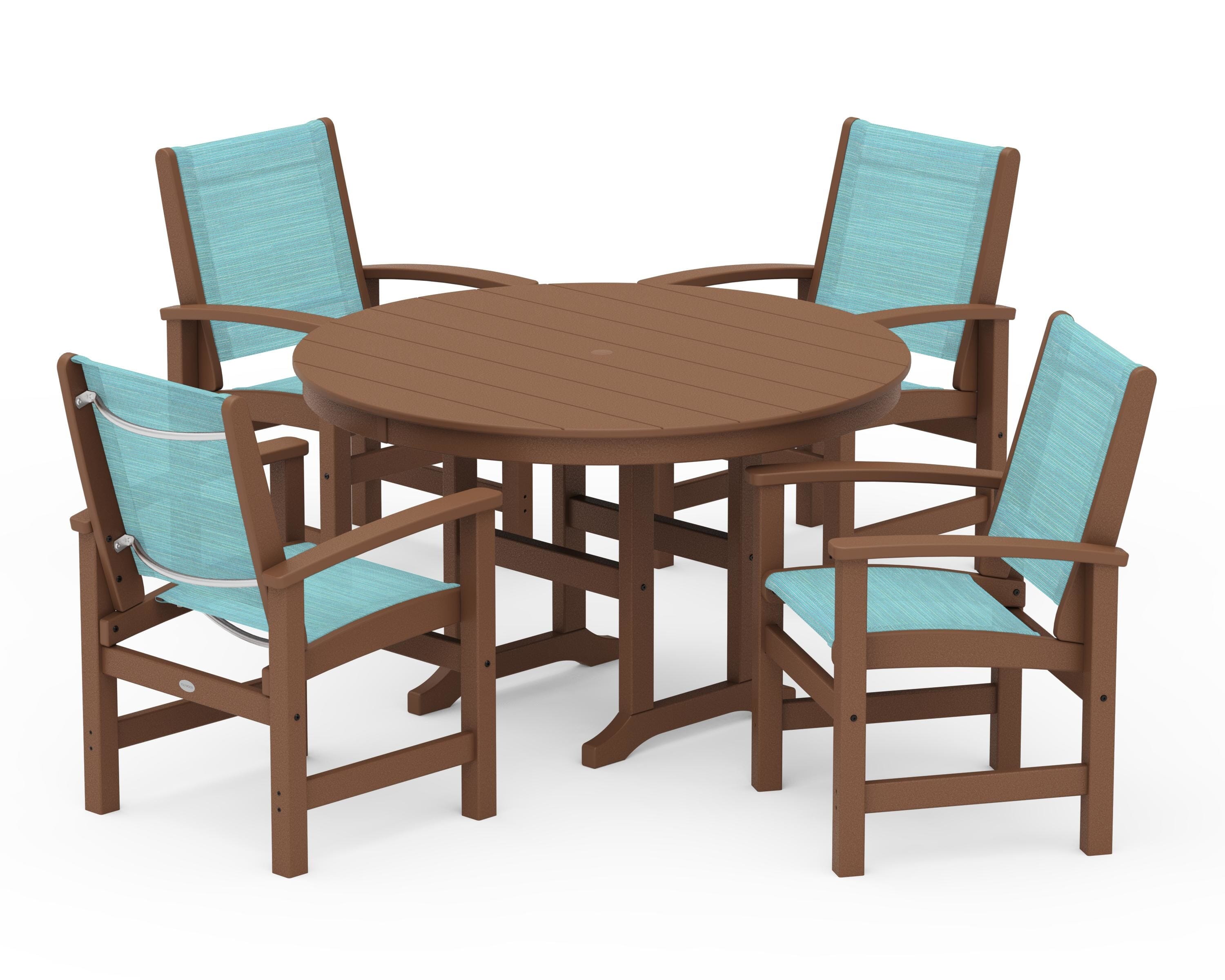 POLYWOOD Coastal 5-Piece Round Farmhouse Dining Set in Teak / Dupioni Aquamarine Sling