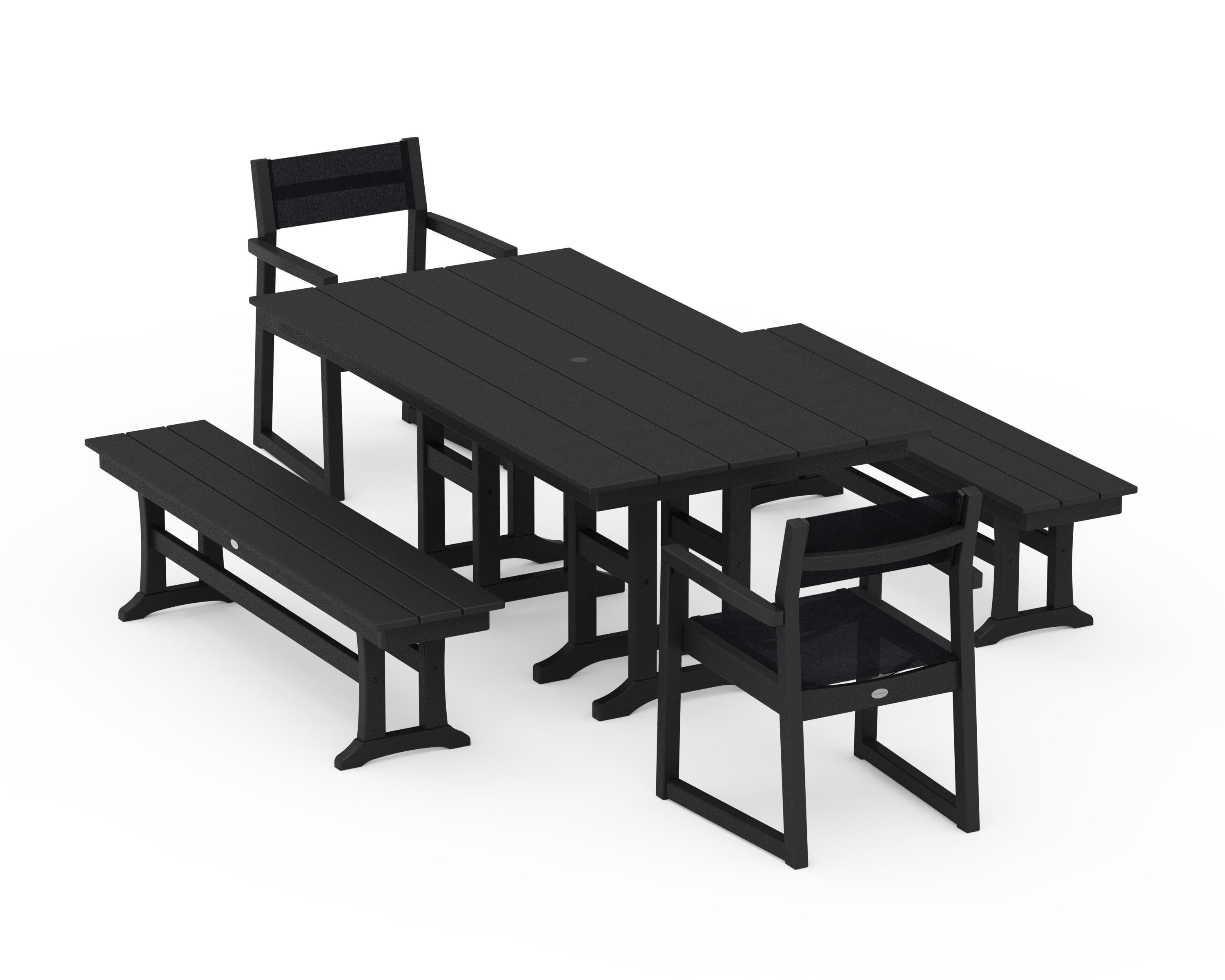 POLYWOOD EDGE Sling Arm Chair 5-Piece Farmhouse Dining Set with Benches in Black / Black Sling