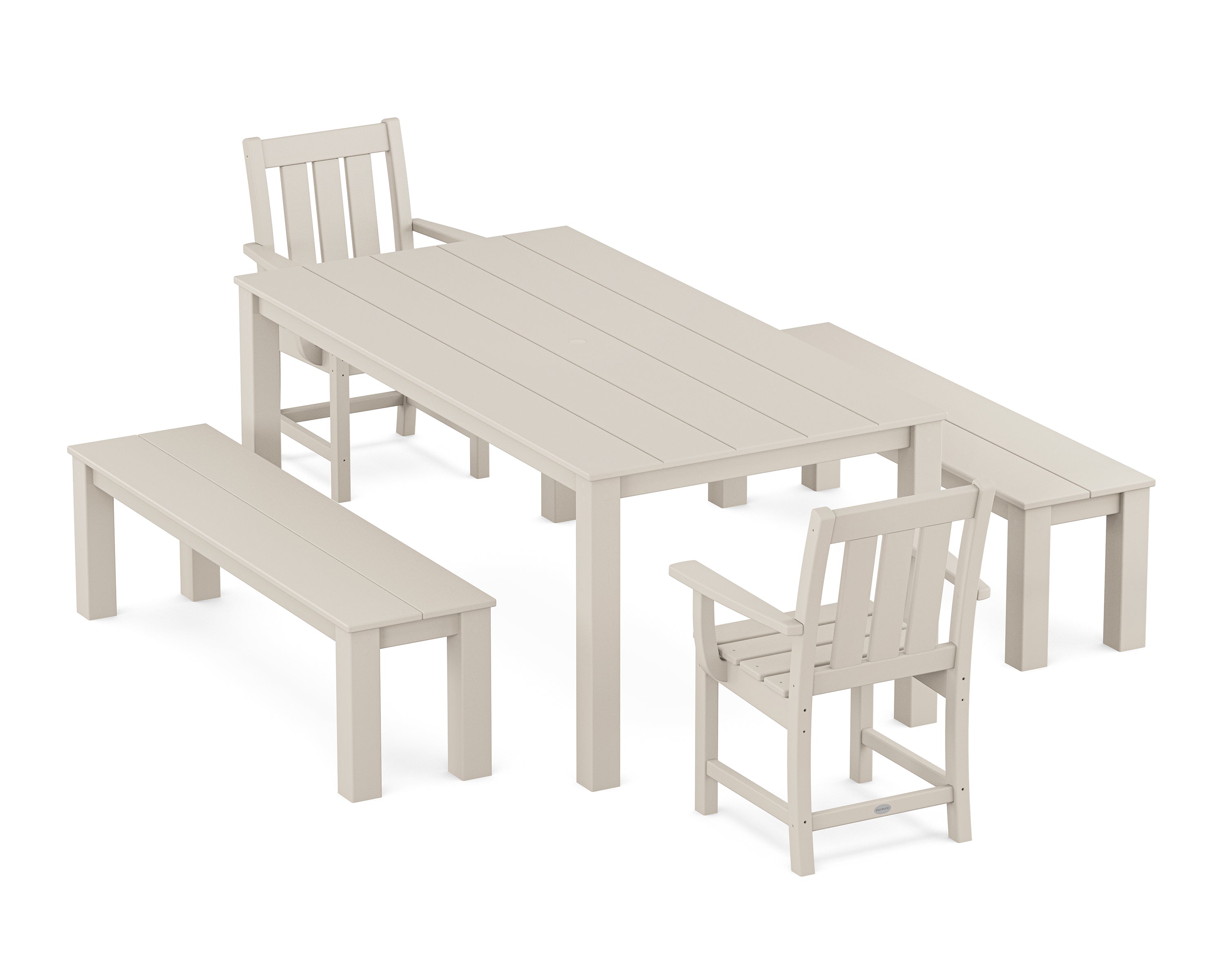 POLYWOOD Oxford 5-Piece Parsons Dining Set with Benches in Sand