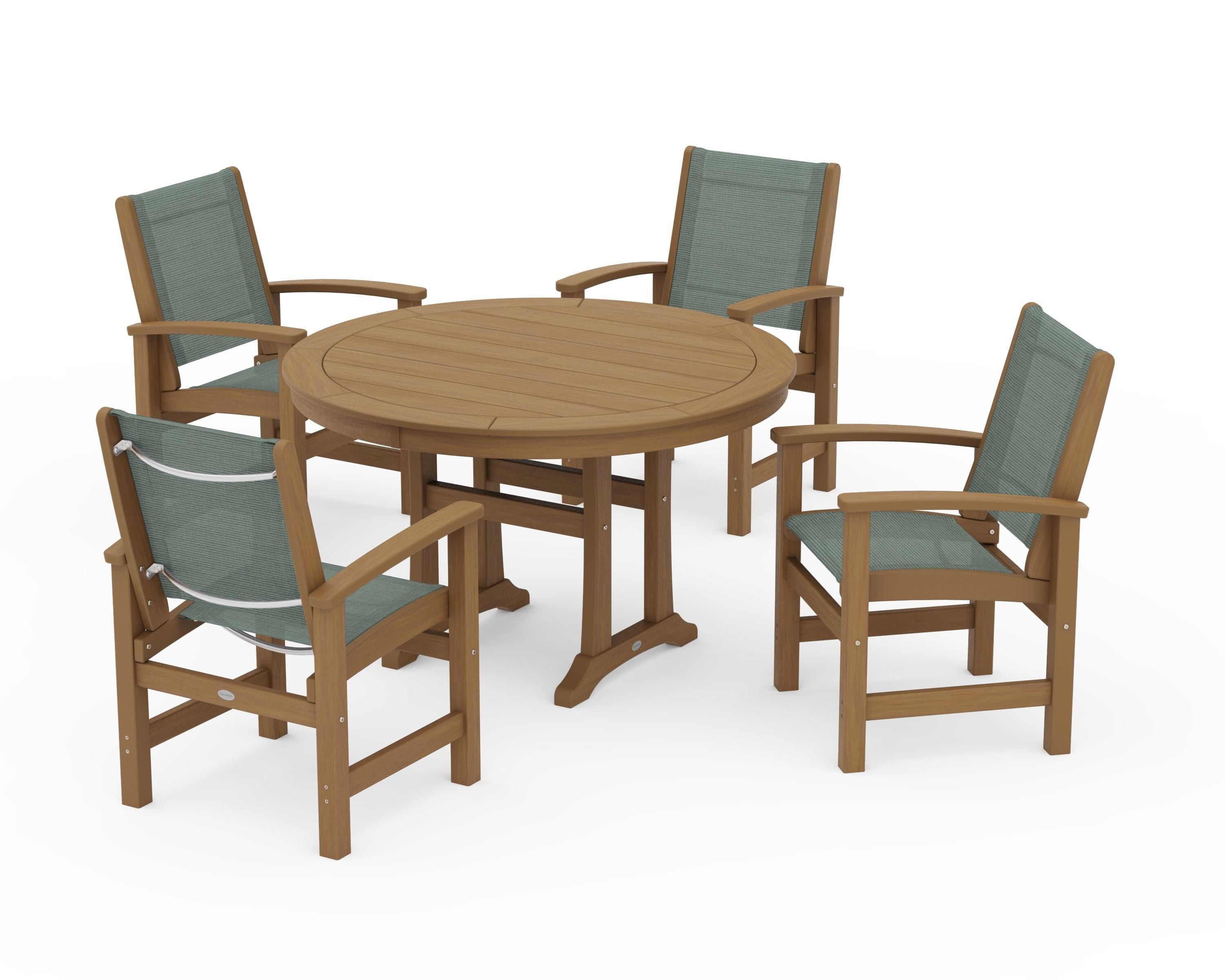 POLYWOOD Coastal 5-Piece Round Dining Set with Trestle Legs in Natural / Dupioni Sea Mist Sling