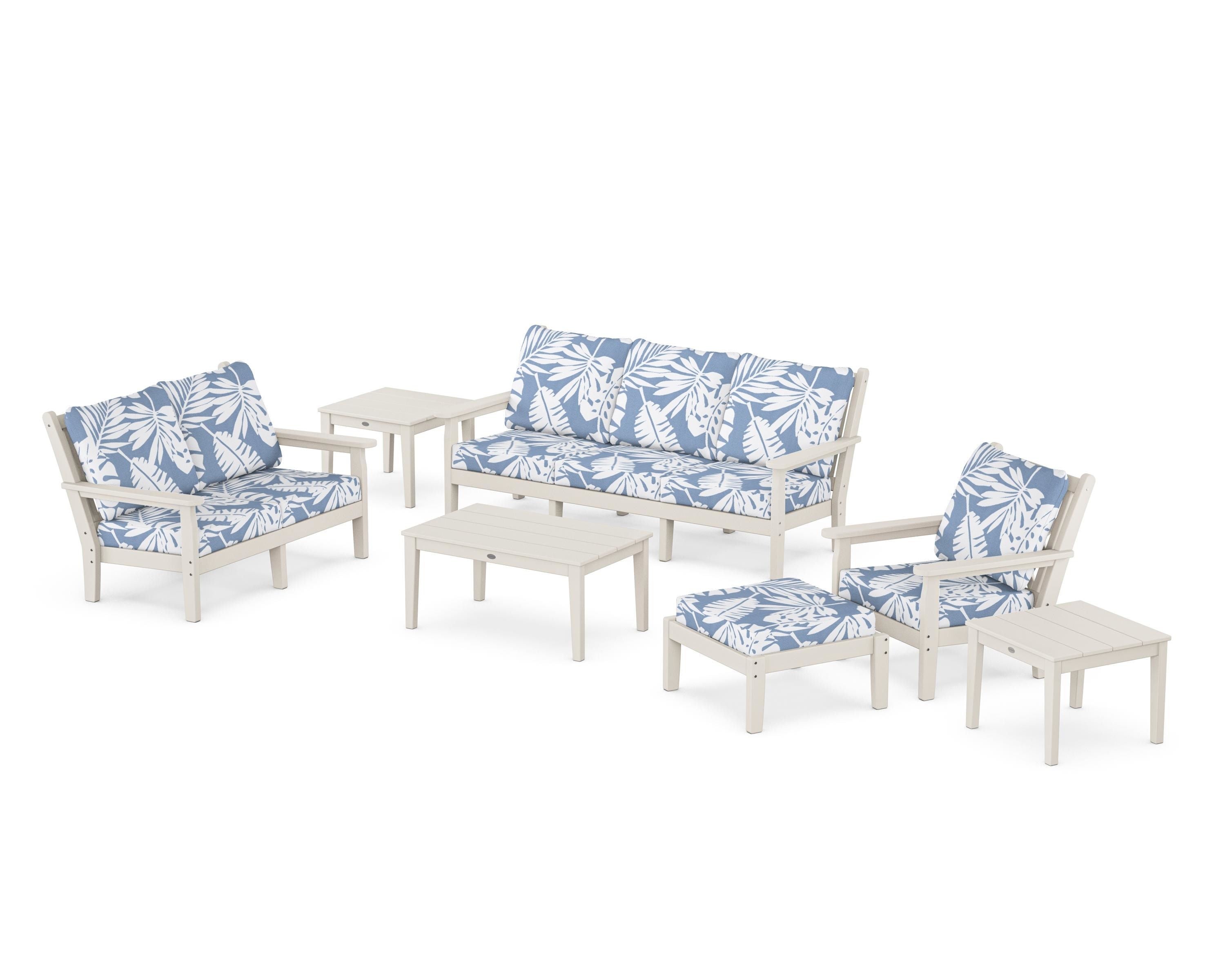 POLYWOOD Chippendale 7-Piece Deep Seating Set in Sand / Leaf Sky Blue