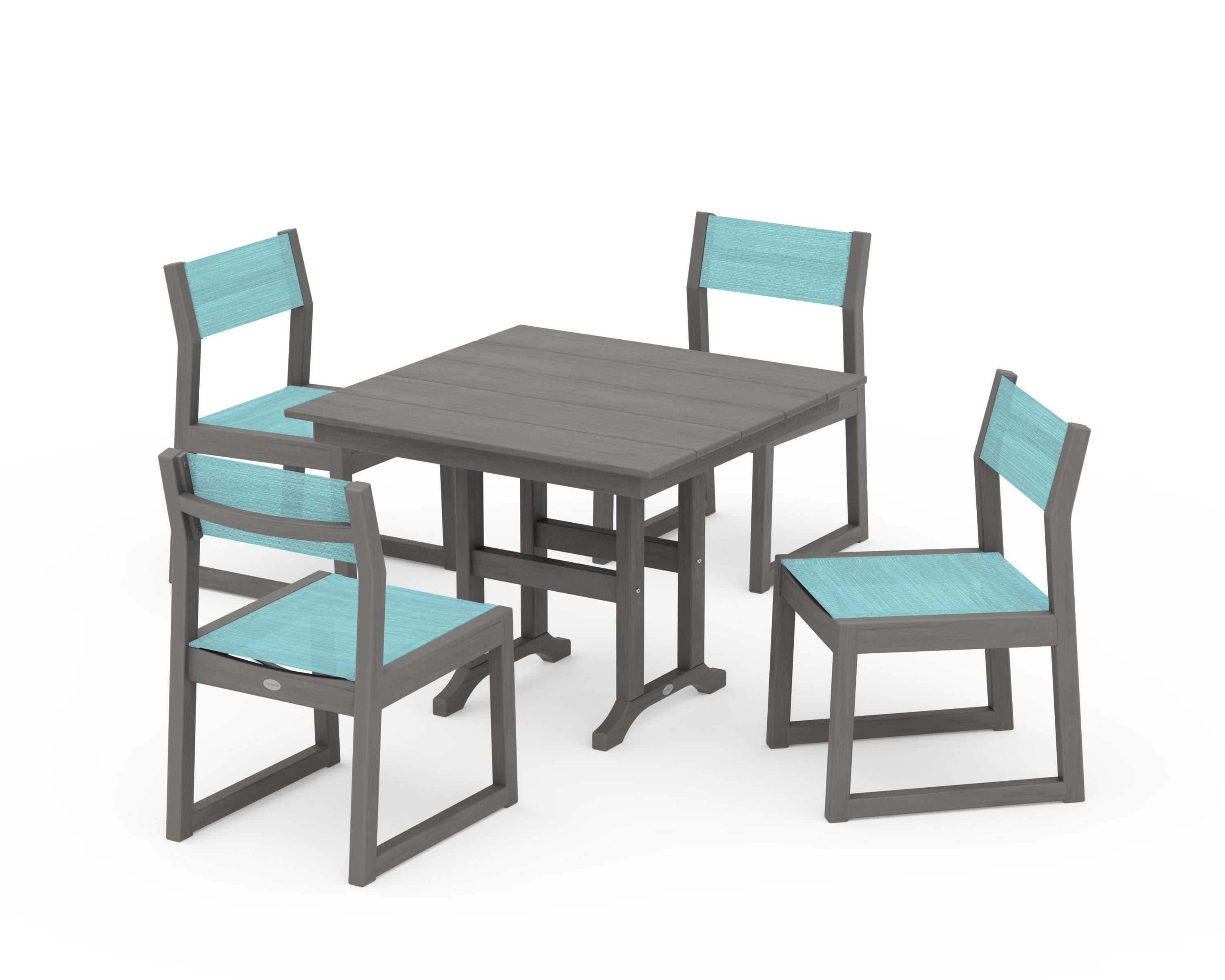 POLYWOOD EDGE Sling Side Chair 5-Piece Farmhouse Dining Set in Driftwood / Dupioni Aquamarine Sling