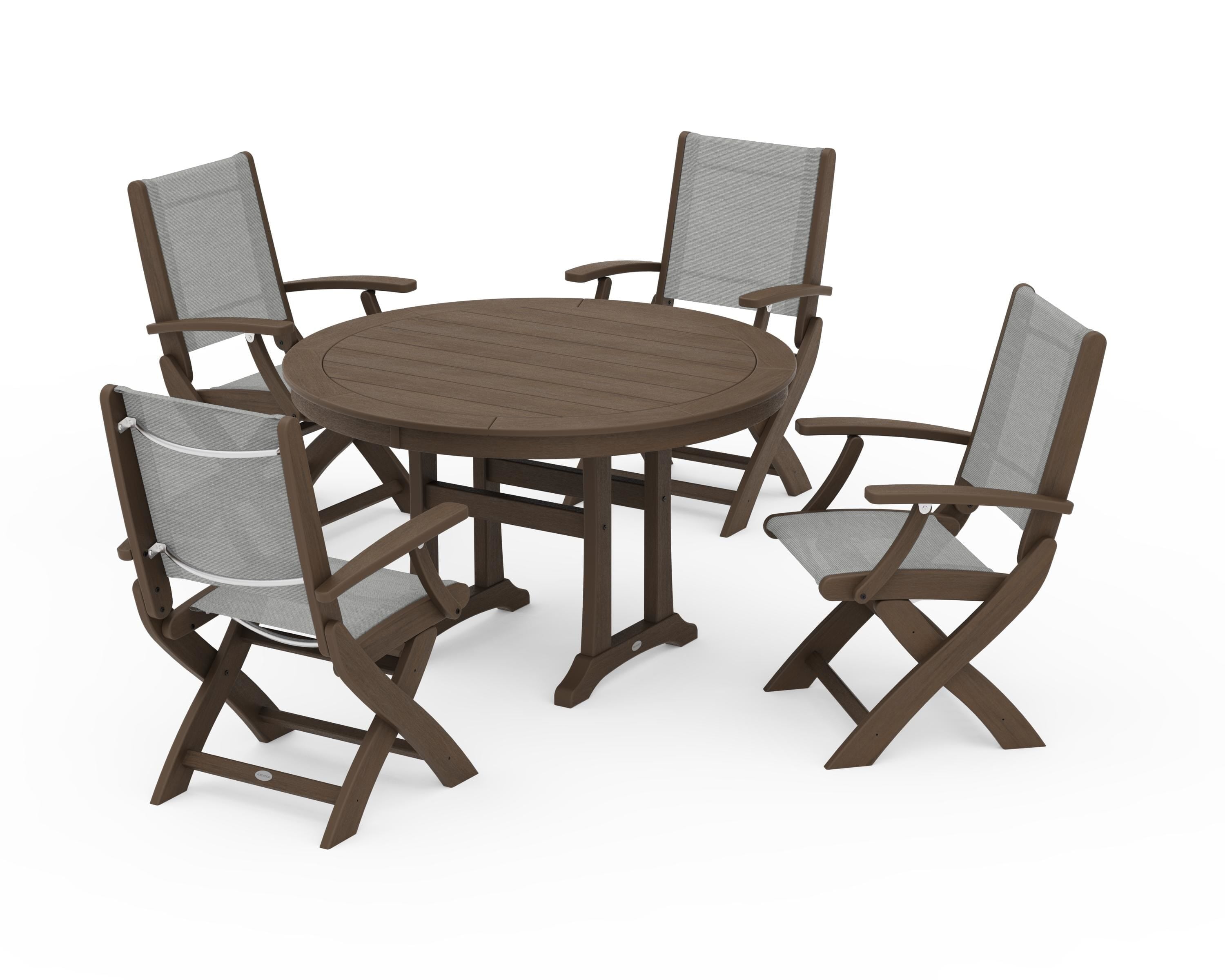 POLYWOOD Coastal Folding Chair 5-Piece Round Dining Set with Trestle Legs in Kona / Metallic Sling