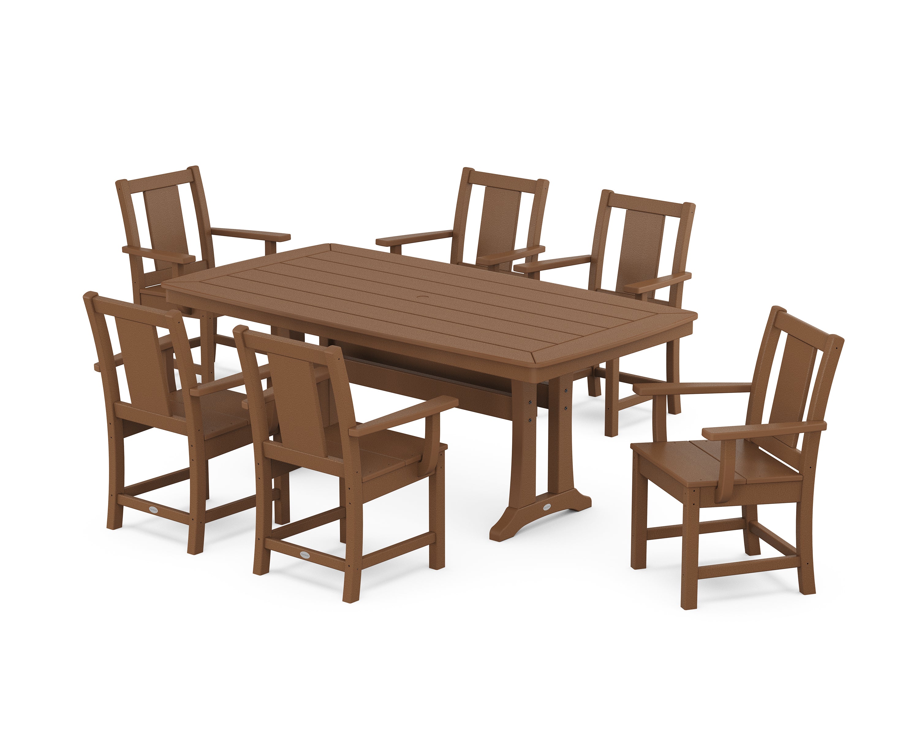 POLYWOOD Prairie Arm Chair 7-Piece Dining Set with Trestle Legs in Teak