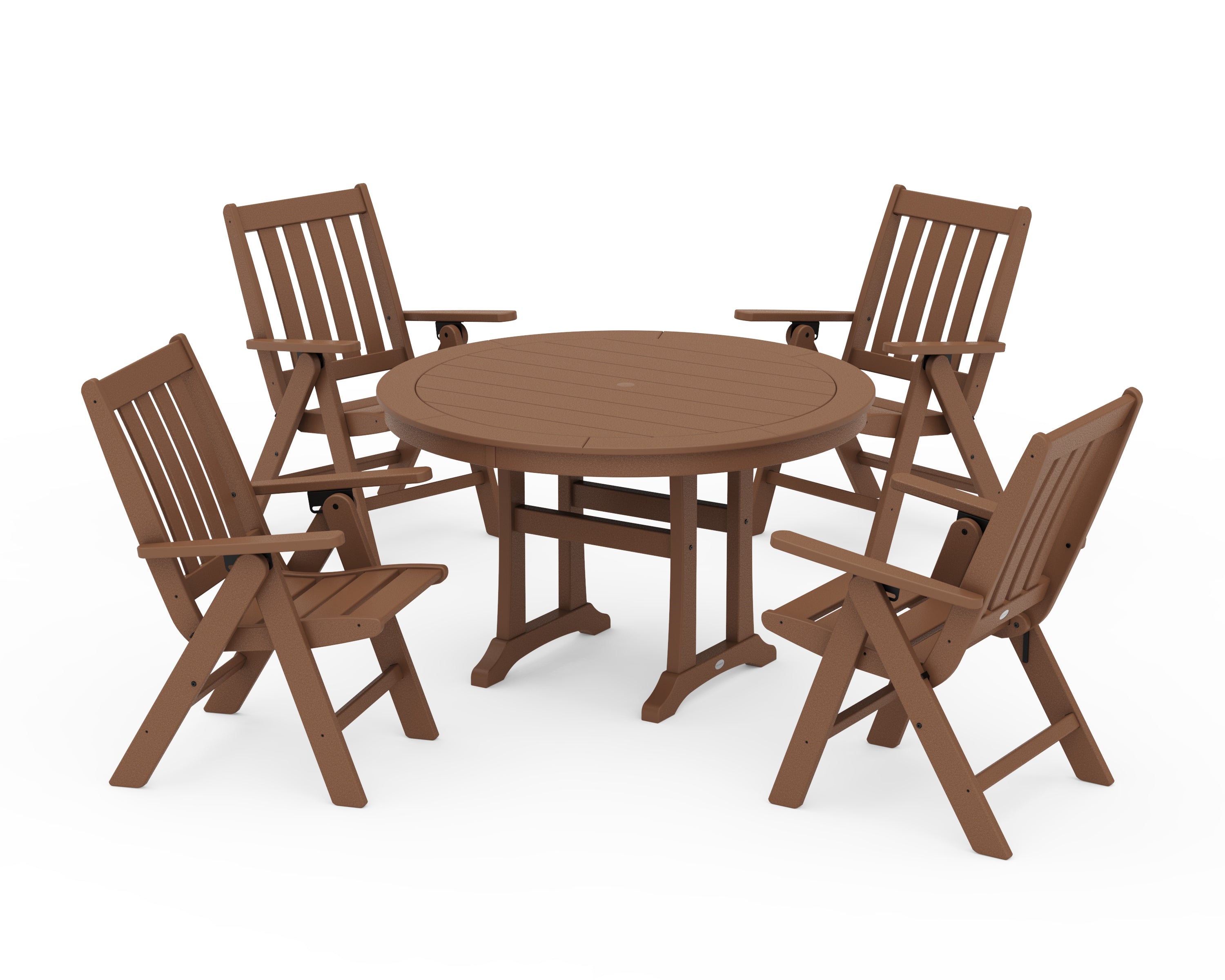 POLYWOOD Vineyard Folding Chair 5-Piece Round Dining Set with Trestle Legs in Teak